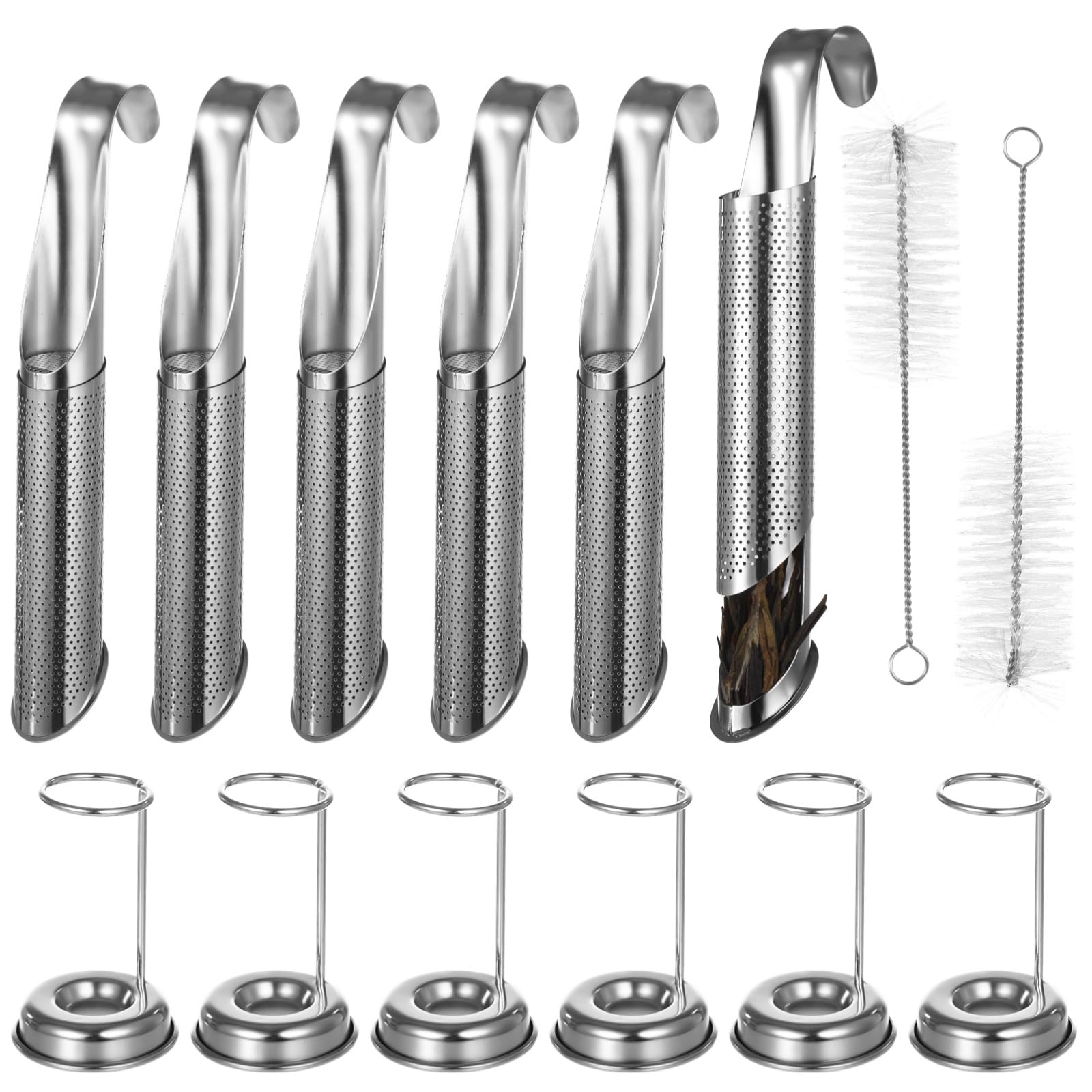 Tee-Ei aus Edelstahl, feinmaschiges Tee-Ei für losen Tee, Tee-Ei, Set mit langem Griff, Teefilter mit Haken, Edelstahl-Teesieb mit 6 Diffusorhaltern, 2 Pinseln, 6 Stück
