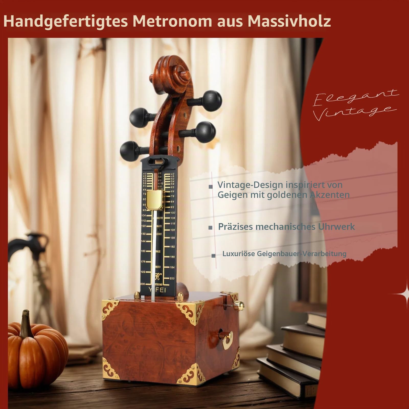 Handgefertigtes Metronom aus Massivholz – Vintage-Violinen-Design mit goldenen Akzenten, präzisionsmechanischem Uhrwerk und luxuriösem Geigenmacher-Finish, handgefertigt für Musiker, Lehrer und