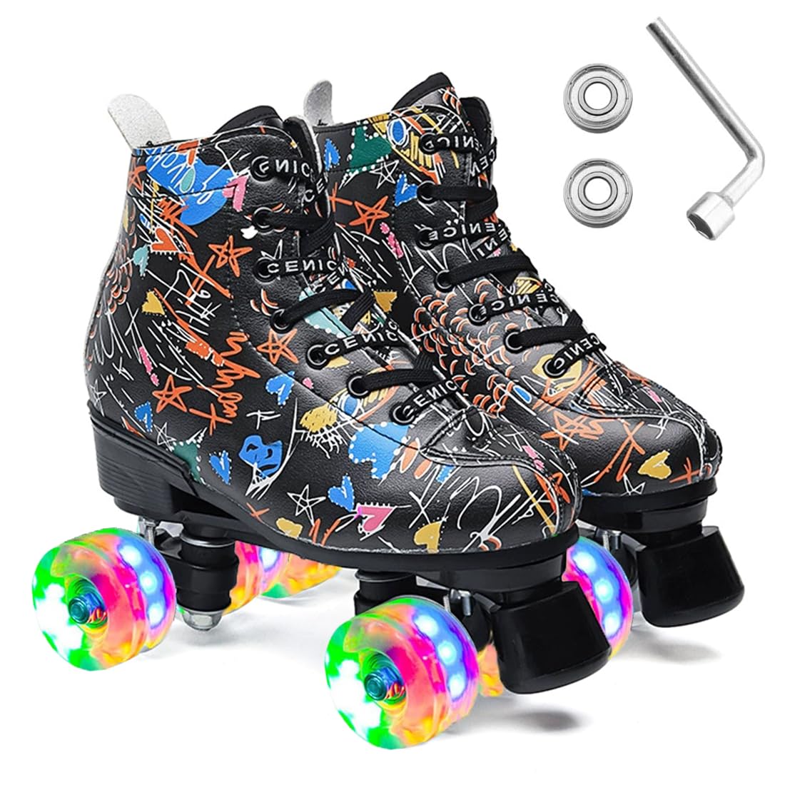 ERNAN 4 Wheel Roller Skates, Top Classic Skates, Parallel Inline Skates with Luminous Wheels, Wheels for Adults, Children, Beginners (Size 35-43) (Black Graffiti, 41)