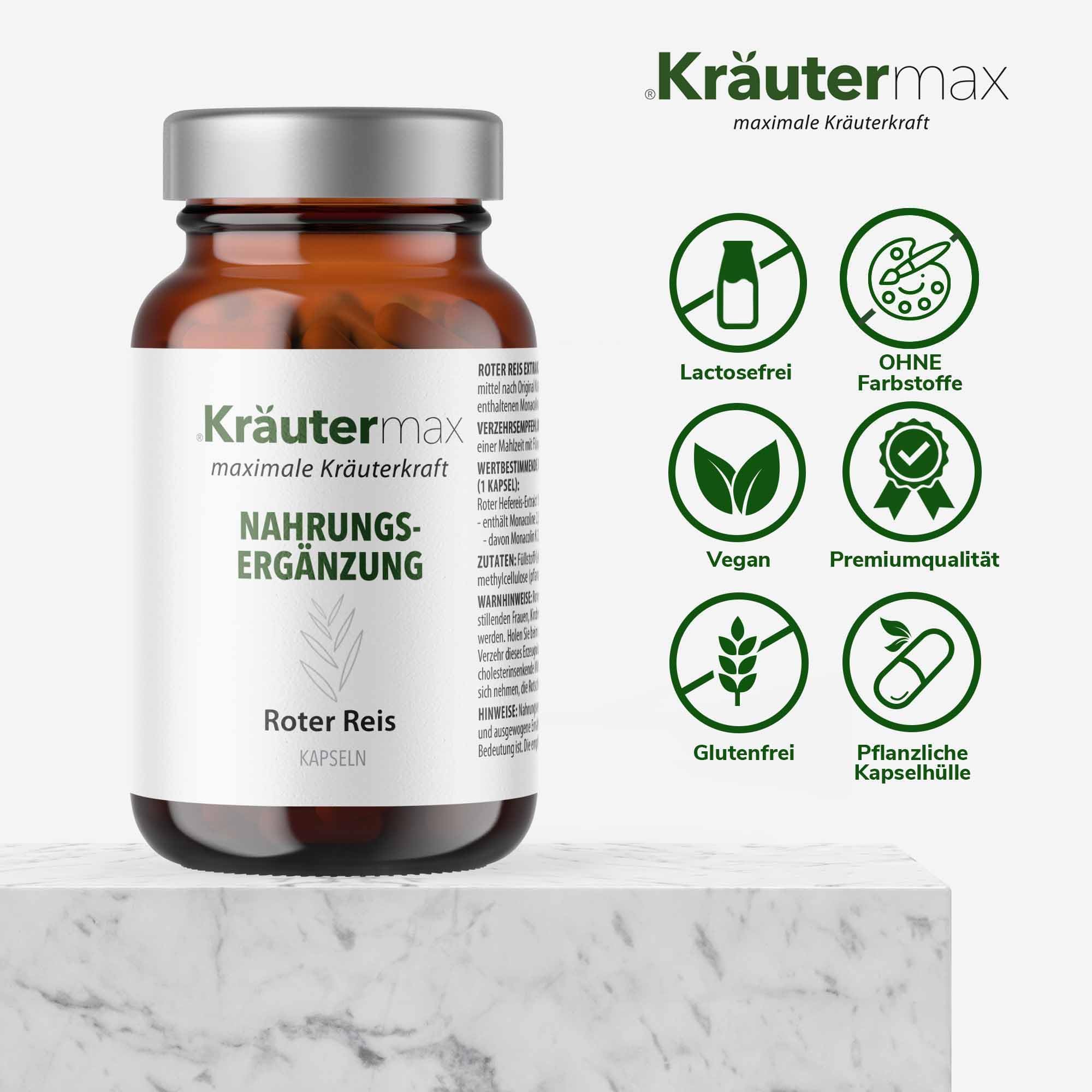 Kräutermax Roter Reis Extrakt Monacolin K Kapseln 60 Stück, Vegan, 1 x täglich