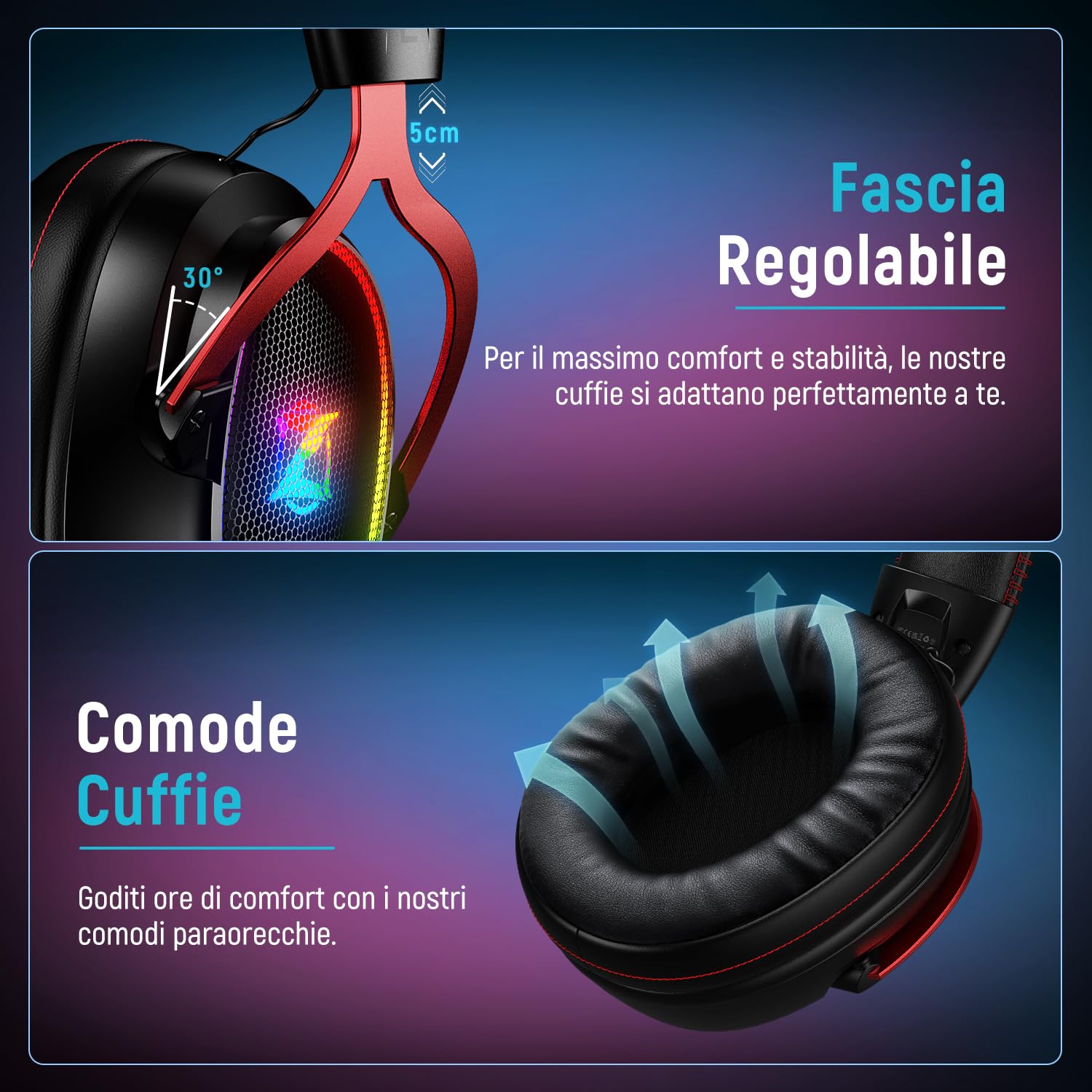Ozeino Cuffie Gaming Wireless per Ps4/Ps5/PC, Cuffie Wireless con Microfono 2.4GHz + 5.3 Bluetooth Bassa Latenza, Cuffie con 7.1 Stereo Surround Sound, Durata di Oltre 40+ Ore, Nero e Rosso