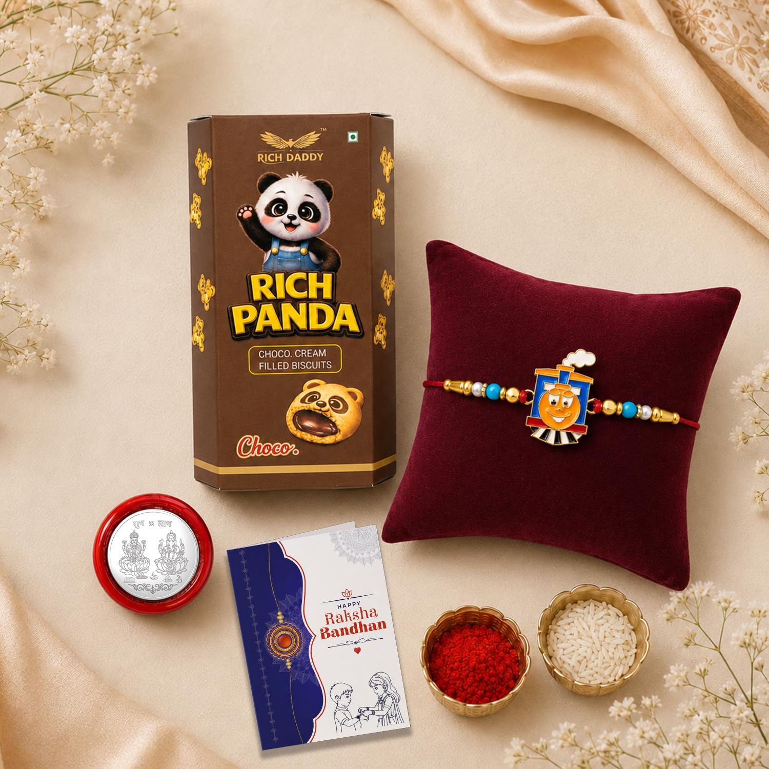 Garth Kids Multicolor Rakhi for Brother & Bhaiya with Chocolate Cream Filled Biscuit 60gm - Raksha Bandhan Gift Set with Roli Tikka, Pooja Coin & Greeting Card | Rakhi Chocolate Combo, Pack of 5 (108)-image-42