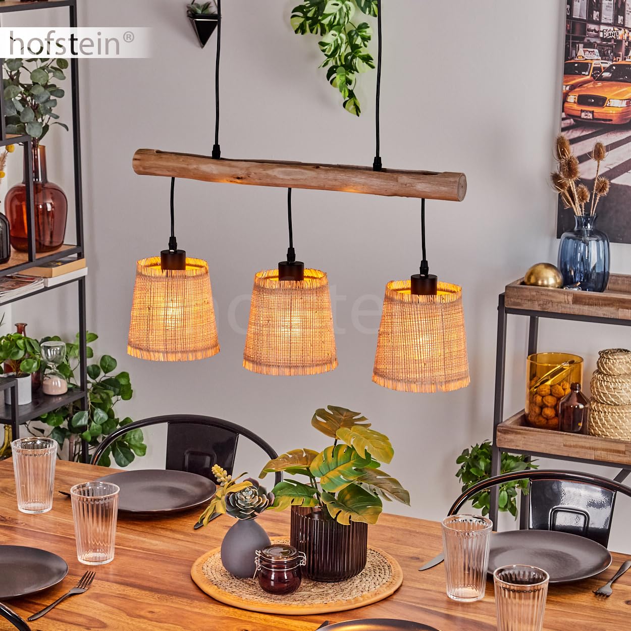 Suspension Soungou, lampe à suspendre moderne en bois/métal/marbre en naturel/noir/beige, lampe à suspendre à 3 flammes au design scandinave, hauteur max. 135 cm, 3 x E27, sans ampoules