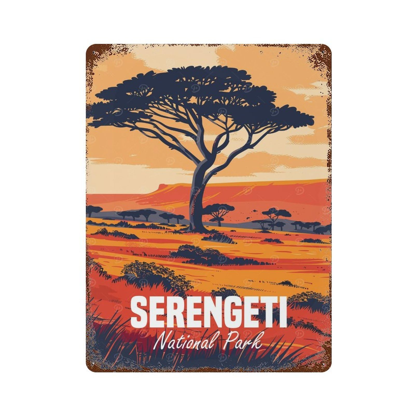 Serengeti National Park Aged Metal Wall Plaque 15.7"x11.8", Old School Wall Decor for Garage, Pub Or Kitchen