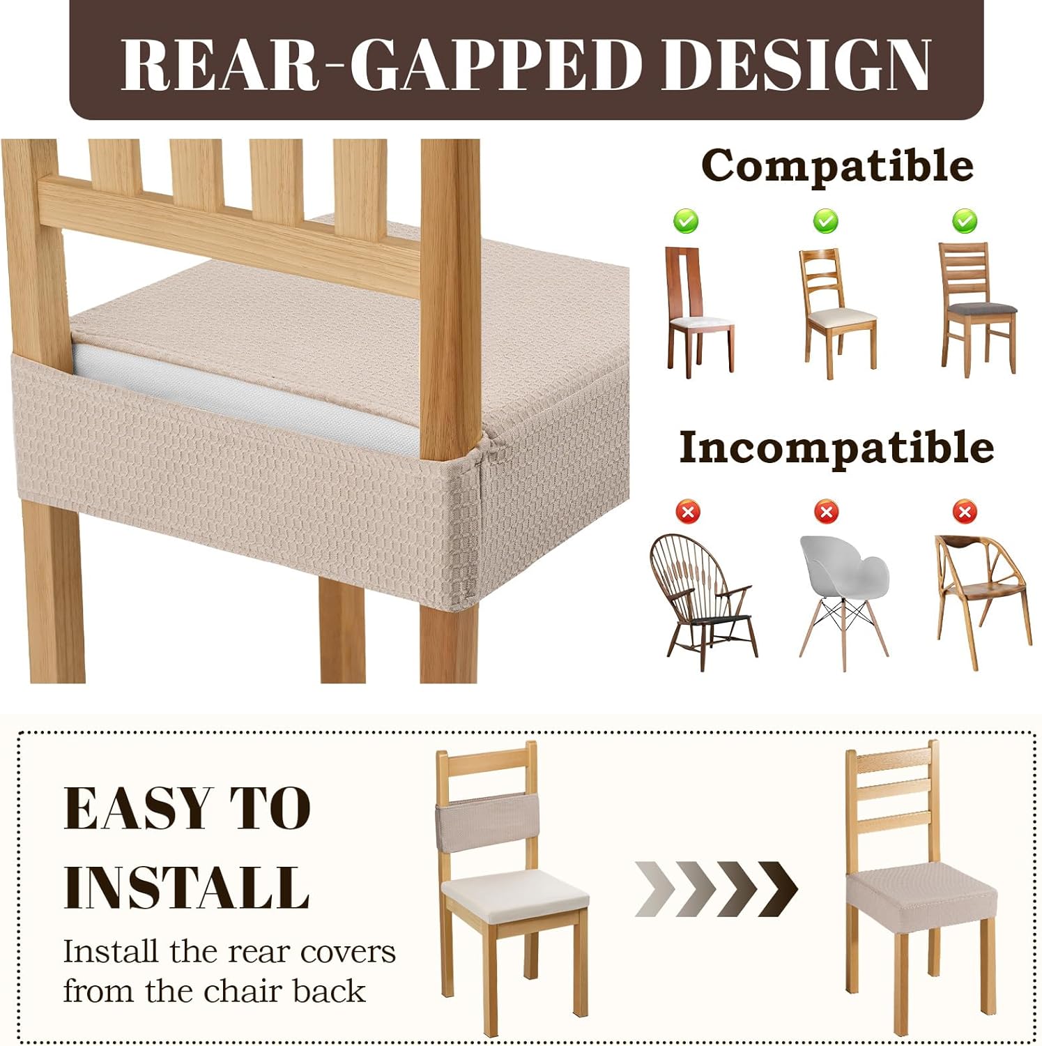 Songrey Waterproof Seat Covers for Dining Chairs Set of 6, No Rear Chair Covers, Stretch Removable Washable Chair Slipcover Protector, Taupe