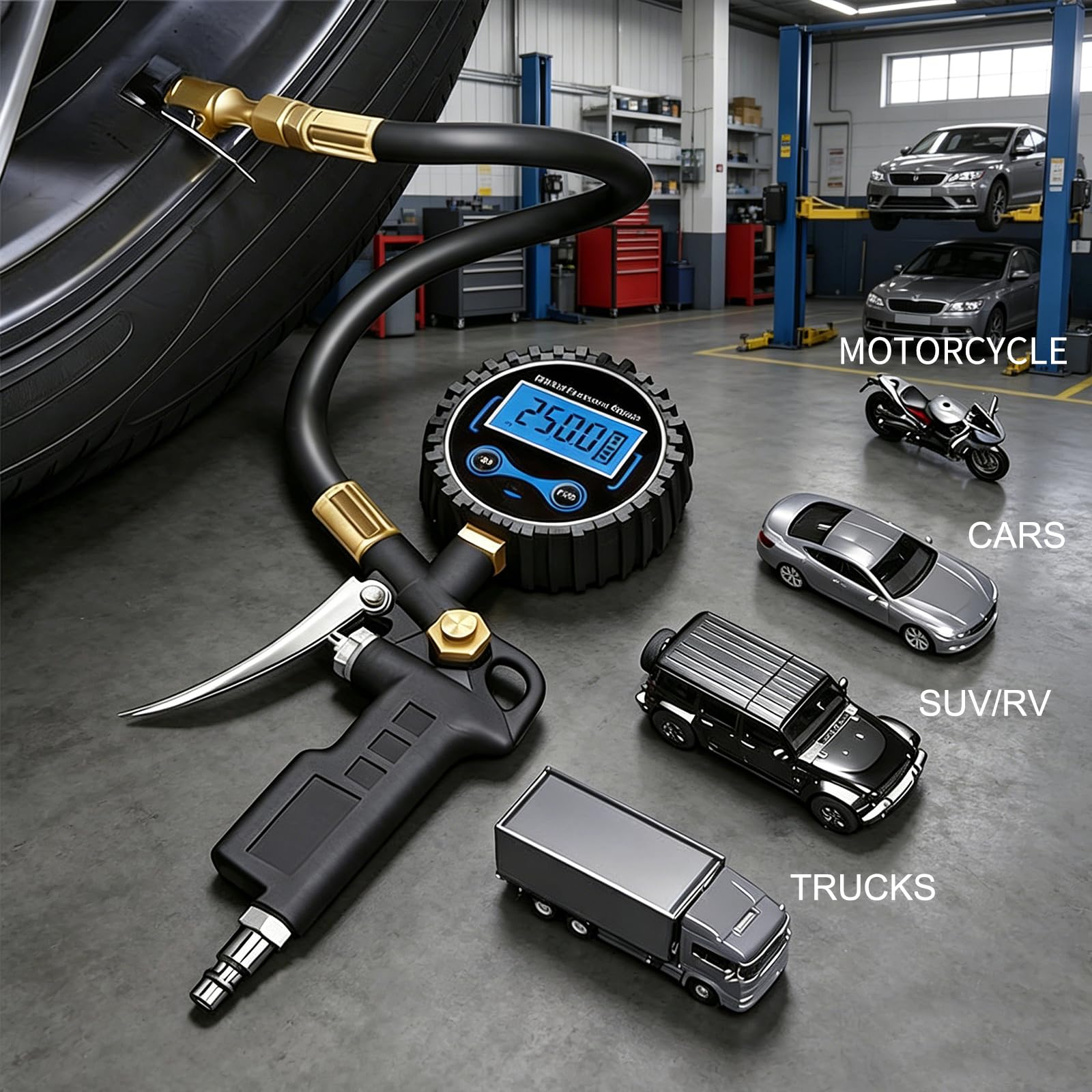 Digitaler Reifenfüller mit Manometer, 0,1 PSI hochpräziser Druckluft-Reifendruckprüfer,4 Arten der Einheitenumschaltung,Reifendruckprüfer für PKW, LKW, Motorrad, Fahrrad, Messbereich 0-250 PSI