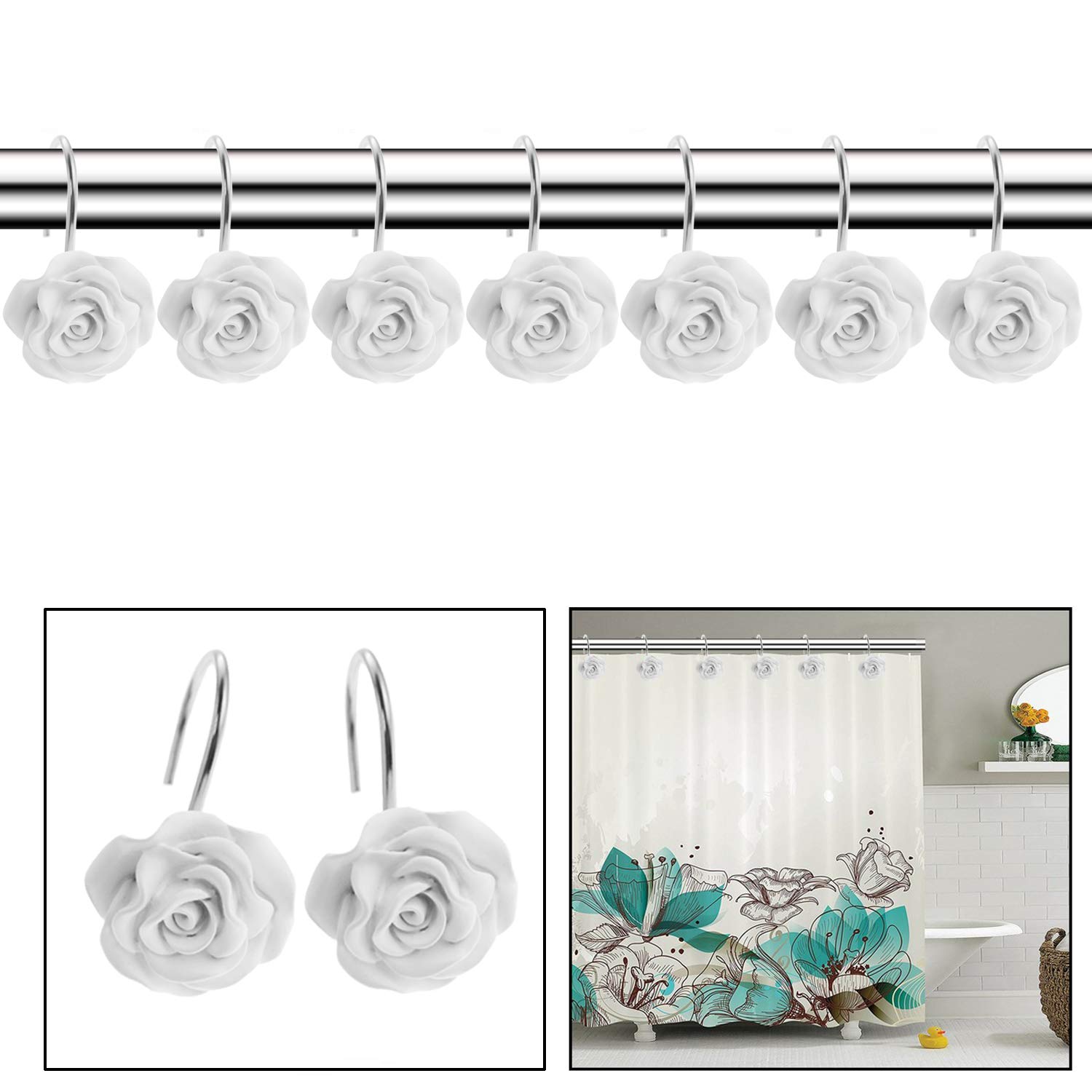 12 PCS Home Fashion Decorative Anti Rust Shower Curtain Hooks Rose Design Shower Curtain Rings Hooks (White)