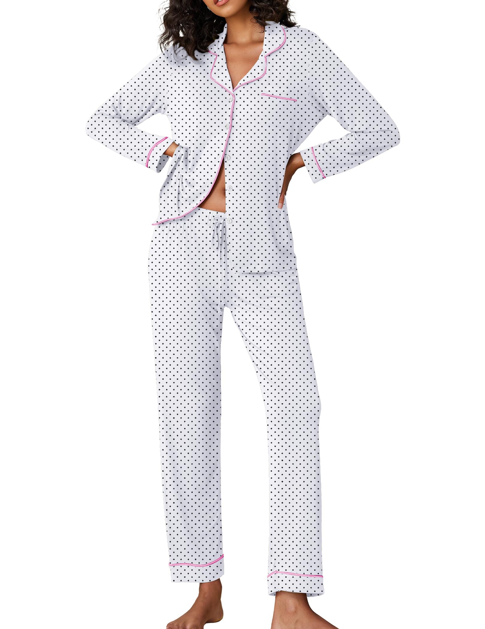 Ekouaer Pigiama Donna Maniche Lunghe Set Pigiama a Due Pezzi con Bottoni Abbigliamento da Notte Morbido Sleepwear Top e Pantaloni Pigiama XS-XXL