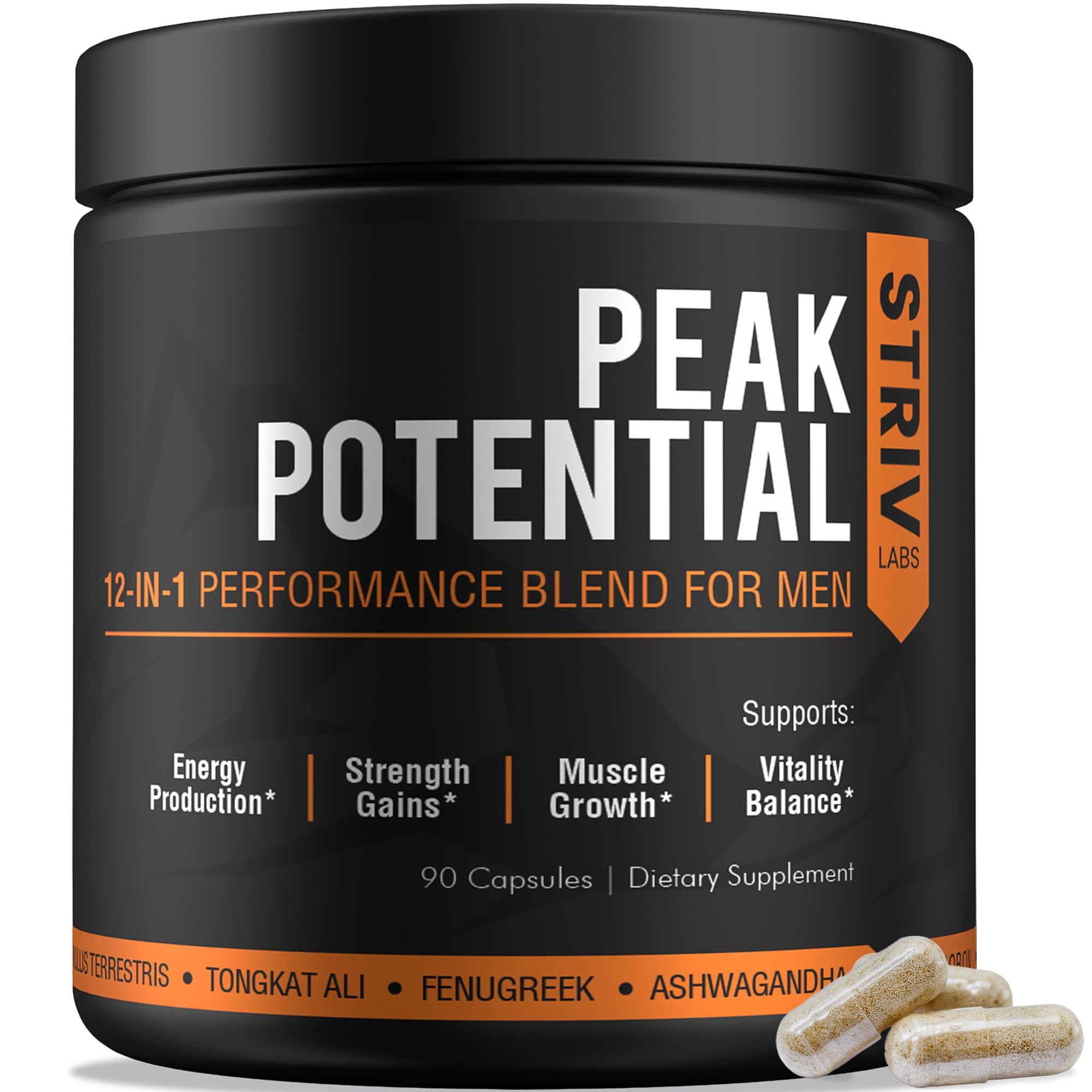 STRIVLABS Peak Potential 12-in-1 Testosterone Support for Men | Fenugreek, Ashwagandha & Tongkat Ali - Natural Strength, Energy & Muscle Builder