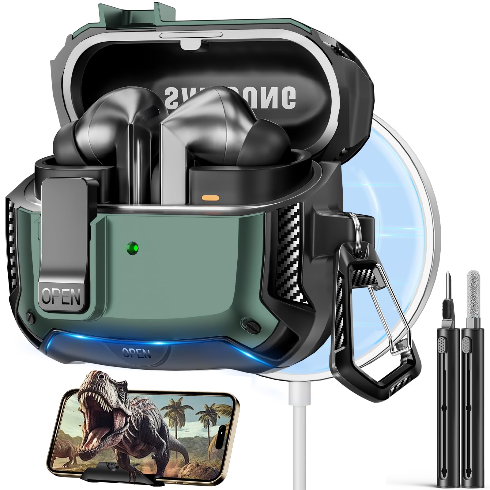 Compatible with Samsung Galaxy Buds3 FE (2025) / Buds3 Pro (2024) / Buds 3 Case (2024) with Phone Stand, Compatible with MagSafe, with Secure Lock Clip Design & Cleaning kit