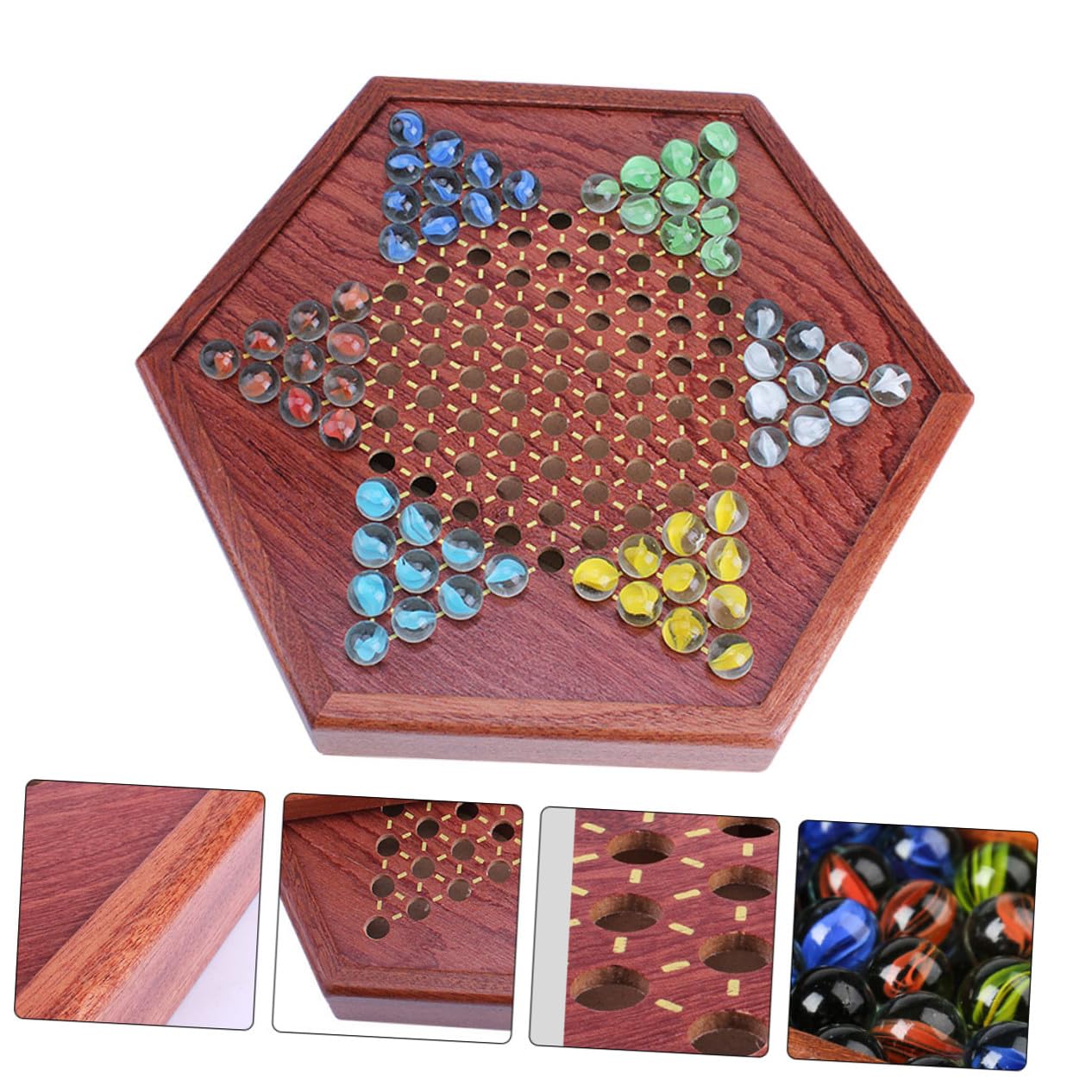 BESTonZON Gioco Cinese in Legno Naturale con Biglie di Vetro Colorate Scacchiera Esagonale con Cassetto per Adulti Gioco Strategico da Tavolo per Famiglie
