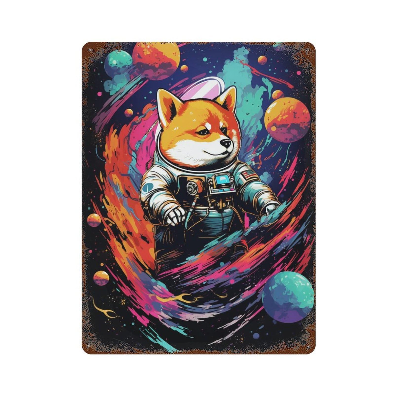 Rusty Metal Tin Sign Cosmic Dog Astronaut Art Print-1 15.7"x11.8", Vintage Wall Decor for Shed, Workshop And Garage Wall Decor