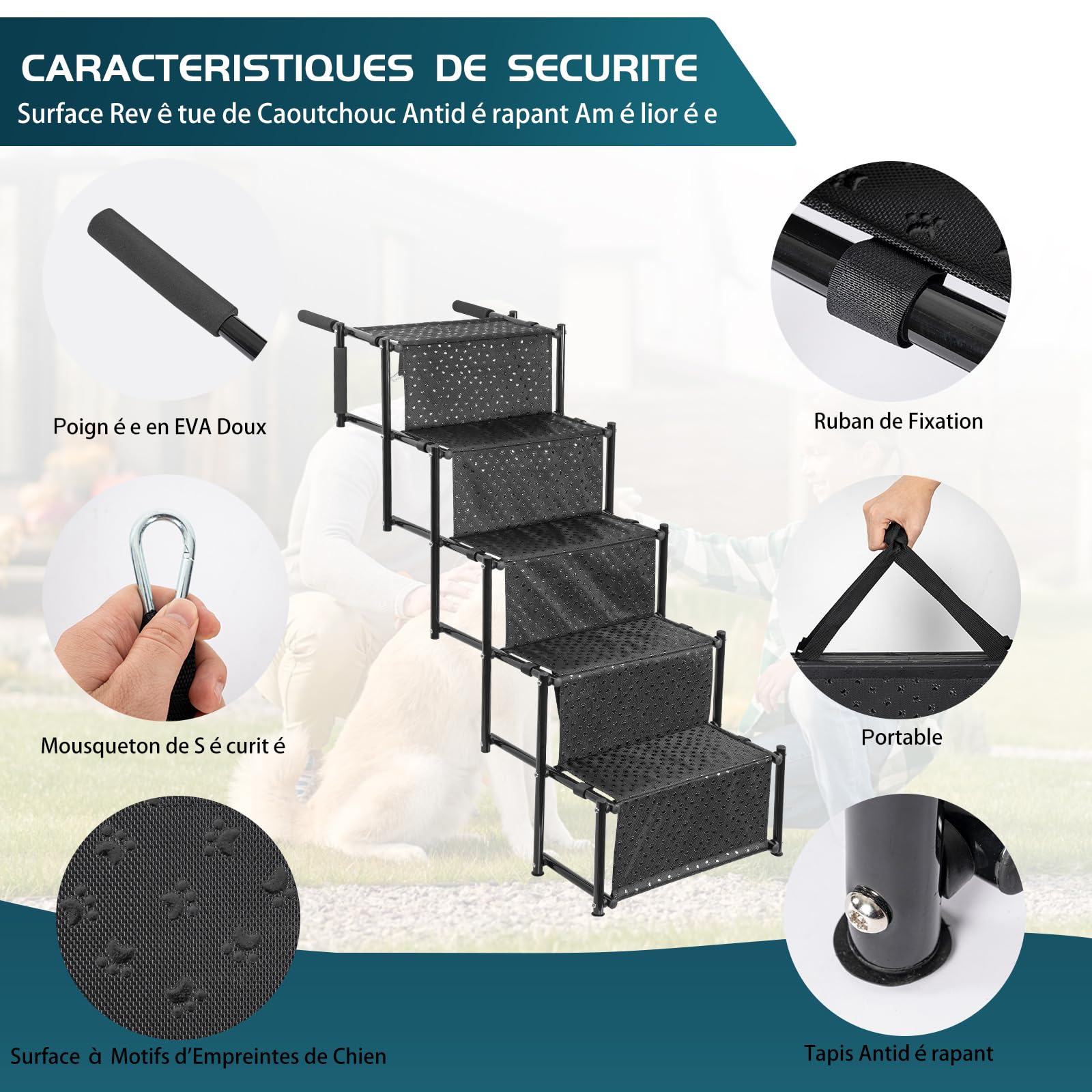 OUUTMEE Escalier pour Chien à 5 marches, Rampe Pliable avec Surface antidérapante, escalier pour Chiens Petits et Grands jusqu'à 80 kg, pour Voitures et SUV