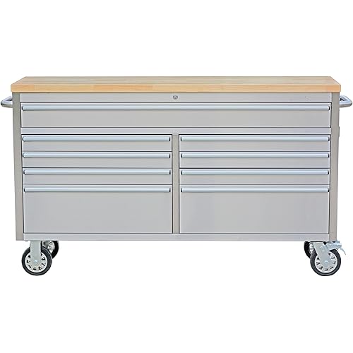 IDEALHOUSE 61 inch Rolling Tool Chest, Garage Workbench with 9 Drawers, Solid Rubber Wood Top & with Wheels Lock Key Locking, Mobile Workstation Tool Cabinet for Workshop Storage