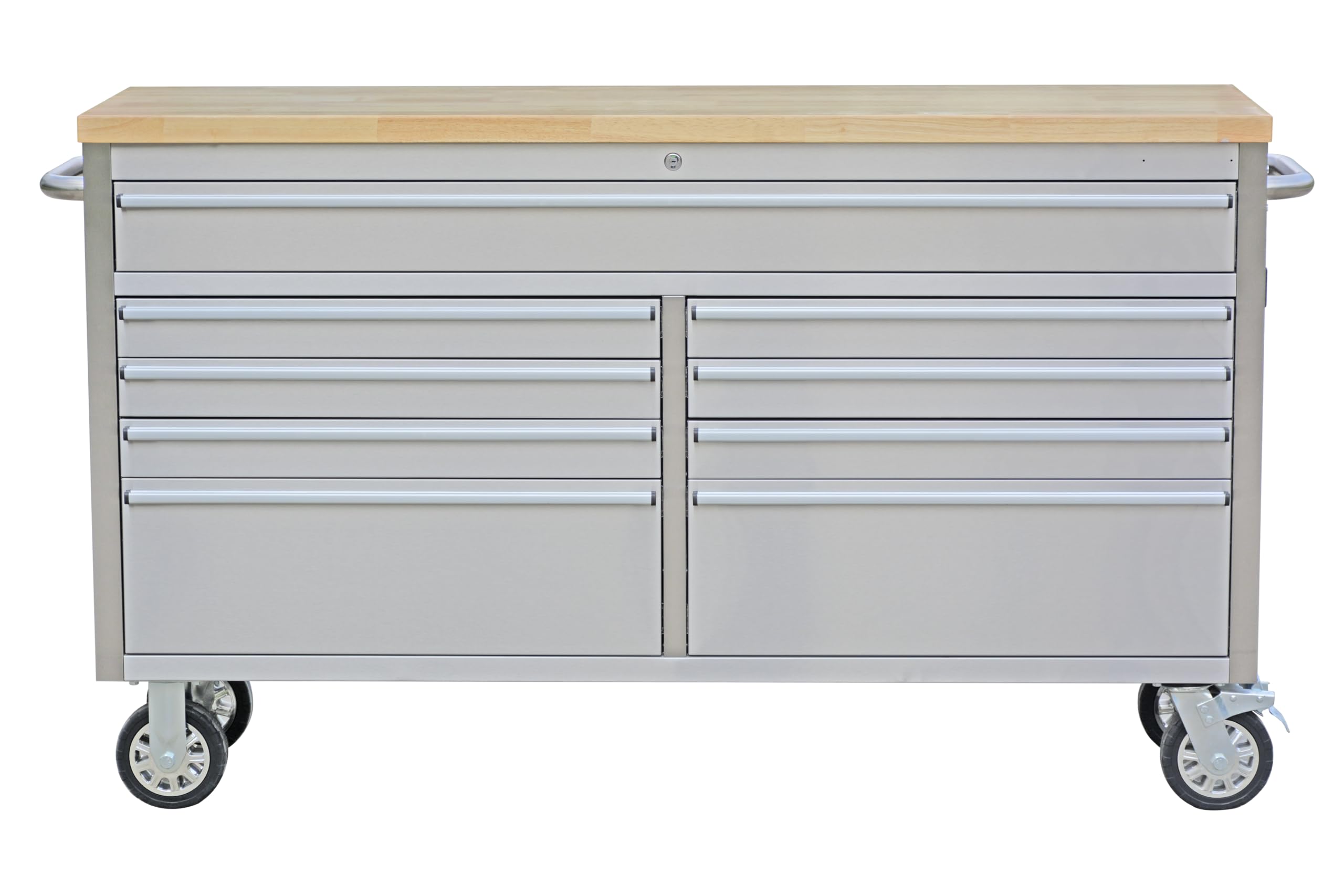 61 inch Rolling Tool Chest, Garage Workbench with 9 Drawers, Solid Rubber Wood Top &amp; with Wheels Lock Key Locking, Mobile Workstation Tool Cabinet for Workshop Storage