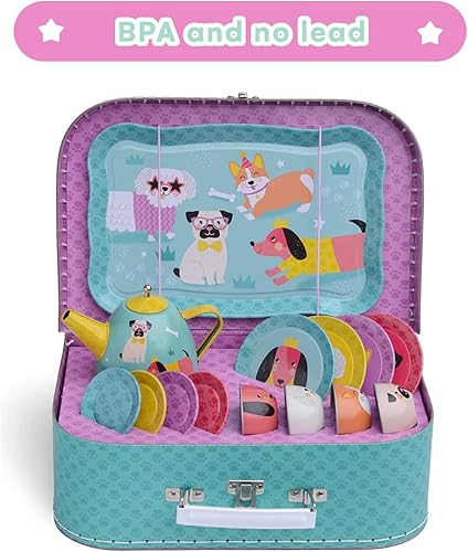 Miniatura 5 de Jewelkeeper Juego de té de lata de juguete de 15 piezas para niños y estuche de transporte - Diseño de cachorro