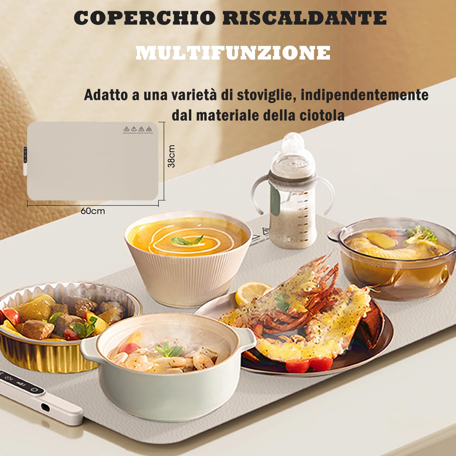 Vassoio Riscaldante Elettrico, Tappetino Elettrico Scaldavivande per Alimenti a Superficie Intera, 8 Livelli Temp, 50~120°C Regolabili, portatile e pieghevole in nanosilicone per mantenere in caldo