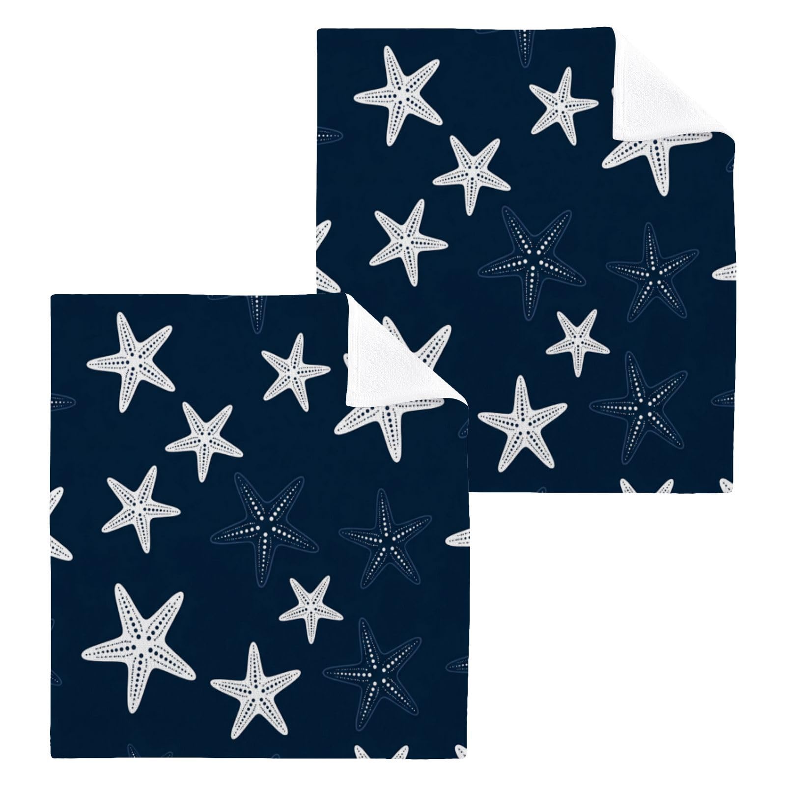 BOESI Navy White Starfish 12x12in Cotton Washcloth,Face Towel