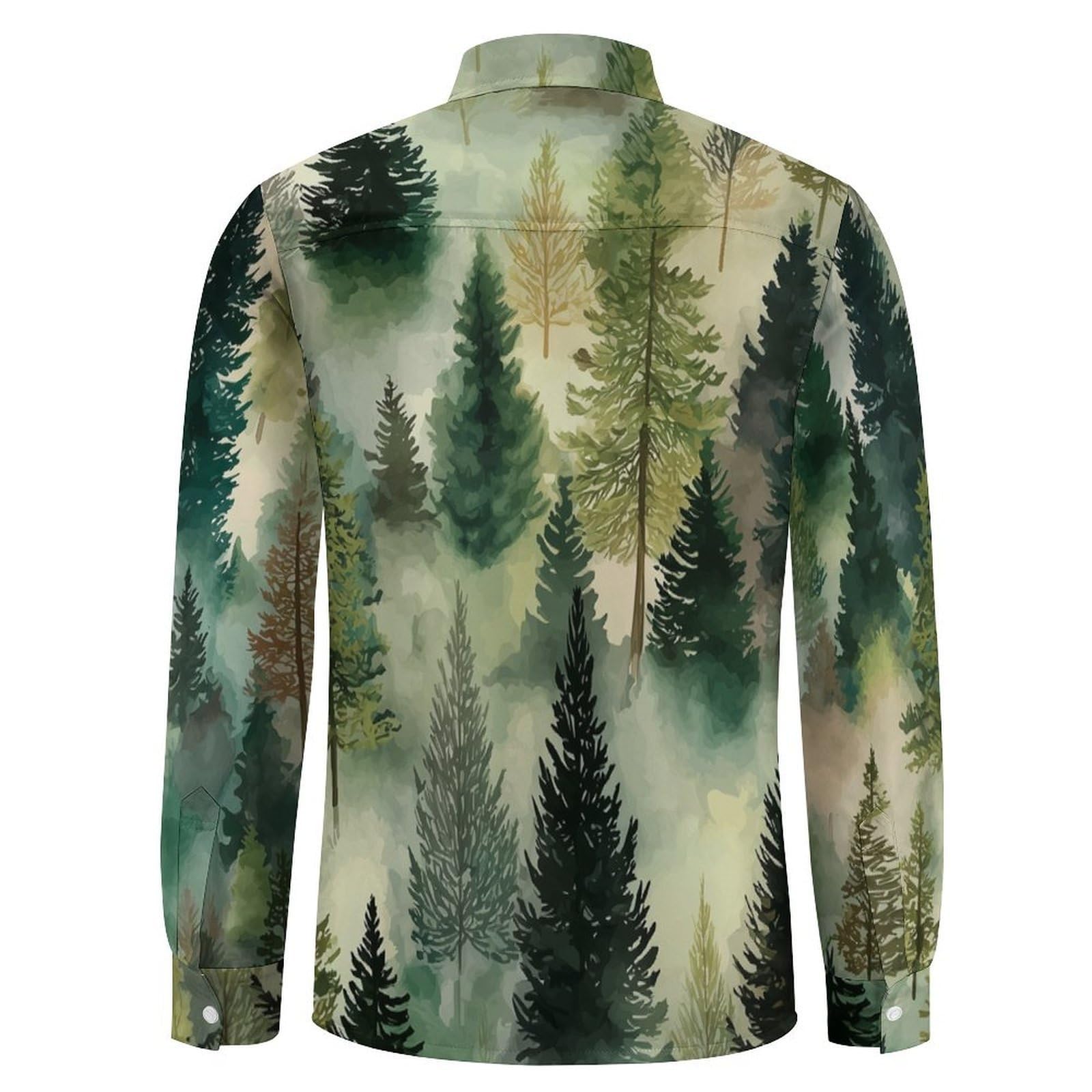 Camisa de Lino Verde para Hombre - Camisas de Manga Larga Casual Verano Camisa Bosque De Pinos En Acuarela con Botones Camisas Ajuste Regular Ropa de Playa Vacaciones Trabajo