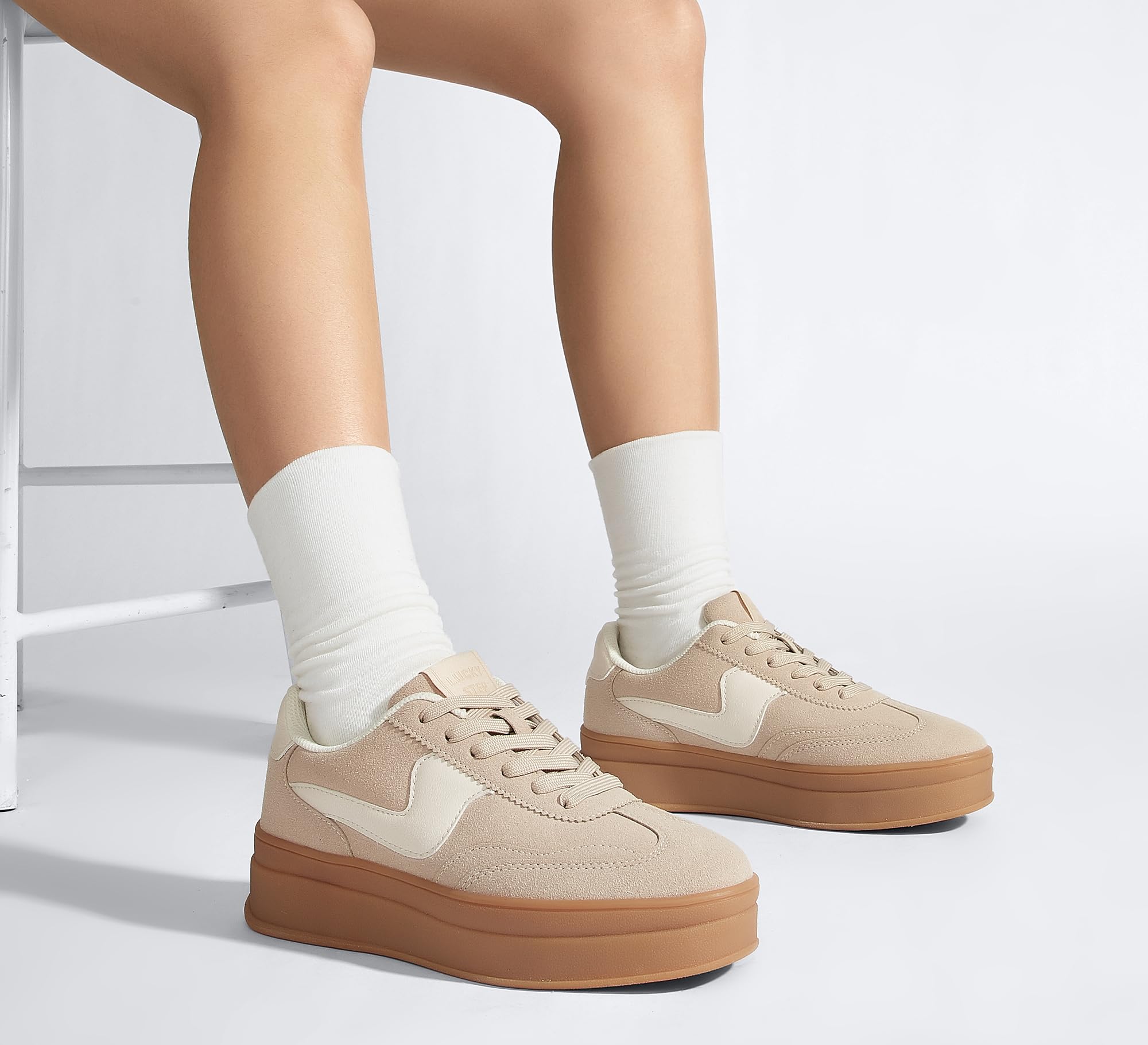 LUCKY STEP Women's Platform Fashion Sneakers Thick Sole Suede Genuine Leather Classic Rubber Gum Sole Low Top Casual Walking Shoes