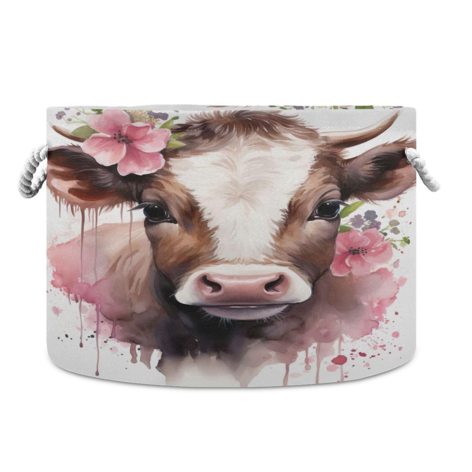 Round Cute Baby Cow Pink Flower Storage Basket Large Organizer Bin Laundry Hamper Toy Storage Basket with Handle for Nursery Clothes Toys 202b4817