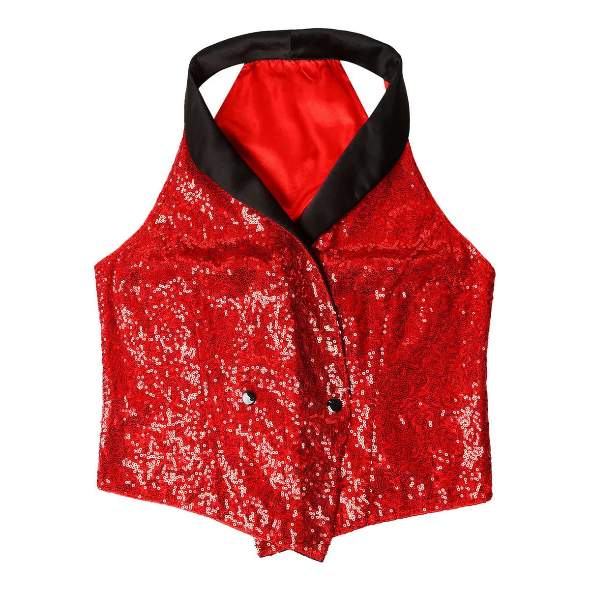 Top da donna con paillettes scintillanti con scollo a V e risvolto senza maniche con bottoni camicetta top jazz danza sera festa banchetto cocktail discoteca