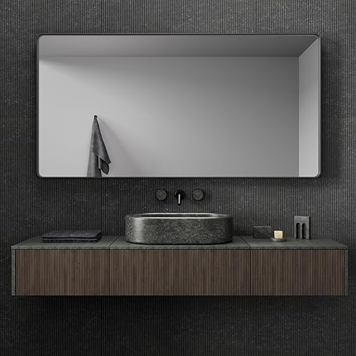 Espejo de baño negro de 60 x 40 pulgadas, espejo rectangular con marco de metal para tocador de baño, espejo de decoración del hogar de dormitorio,