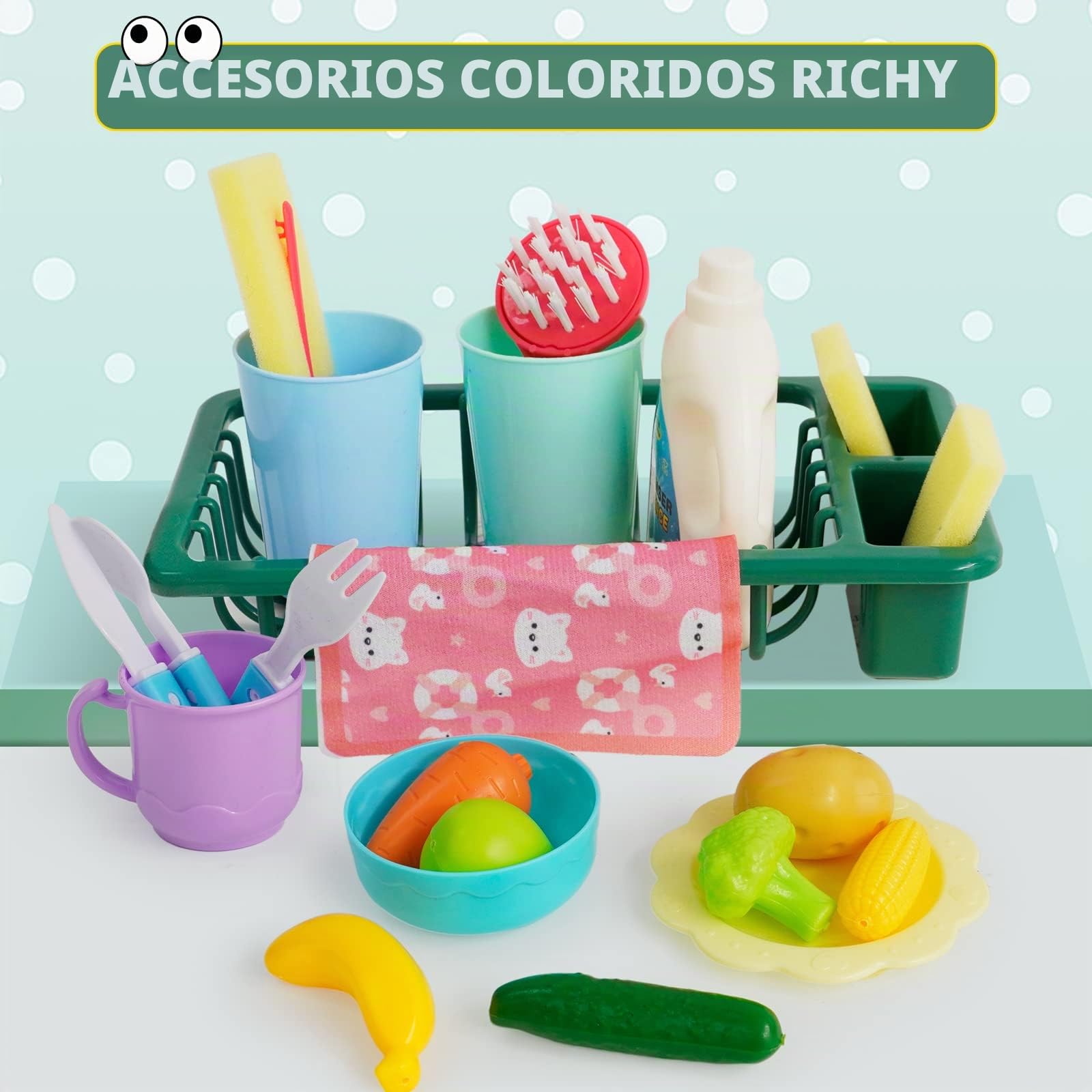 Juguetes para Fregadero de Cocina con Agua Corriente, 23 Piezas, para Jugar en lavavajillas con Sistema automático de Ciclo de Agua, Juguete de Cocina para niños