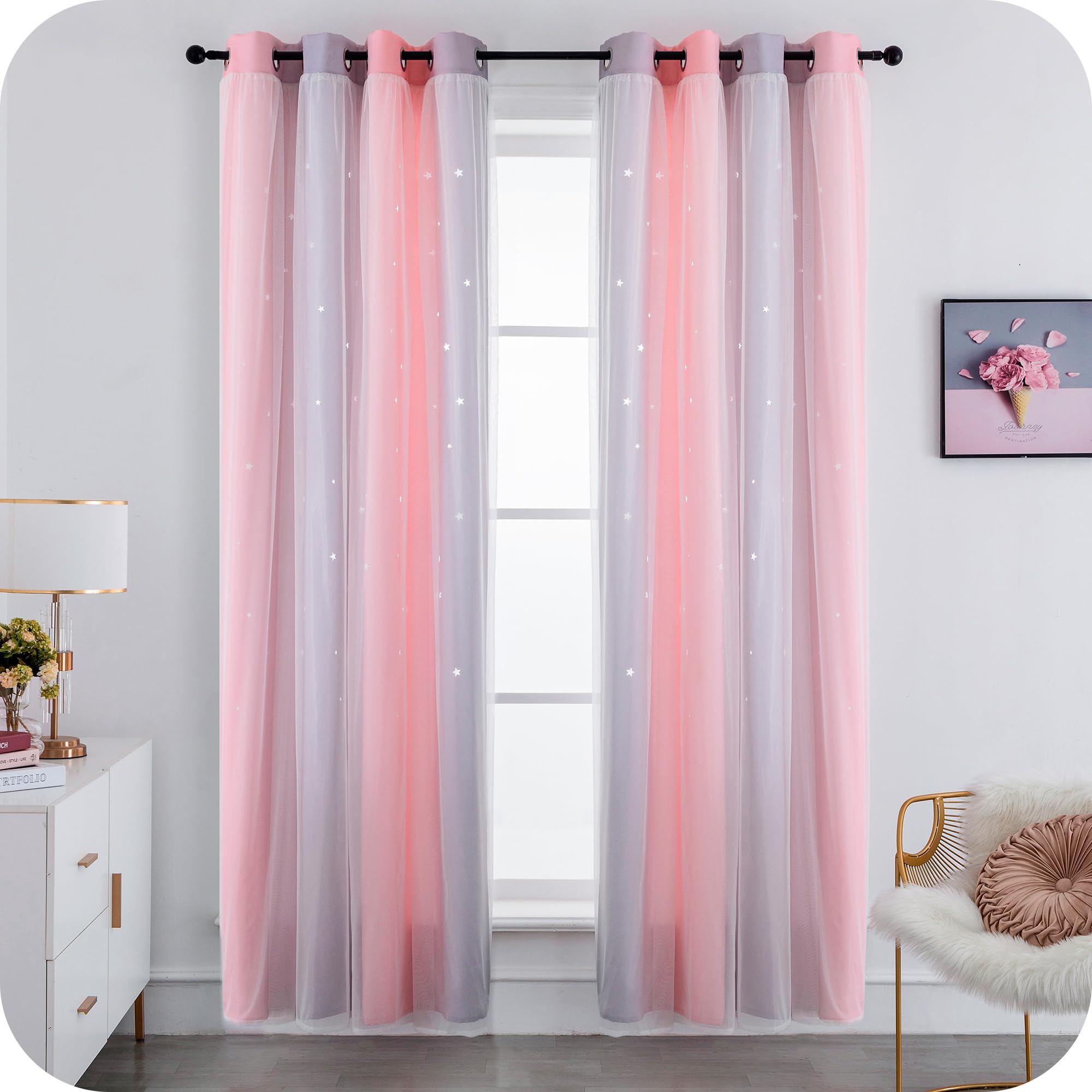 Par de cortinas dobles opacas suaves con estampado de estrellas vacías para dormitorio y habitación infantil, 2 paneles con ojales (140 x 285 cm, rosa y morado)