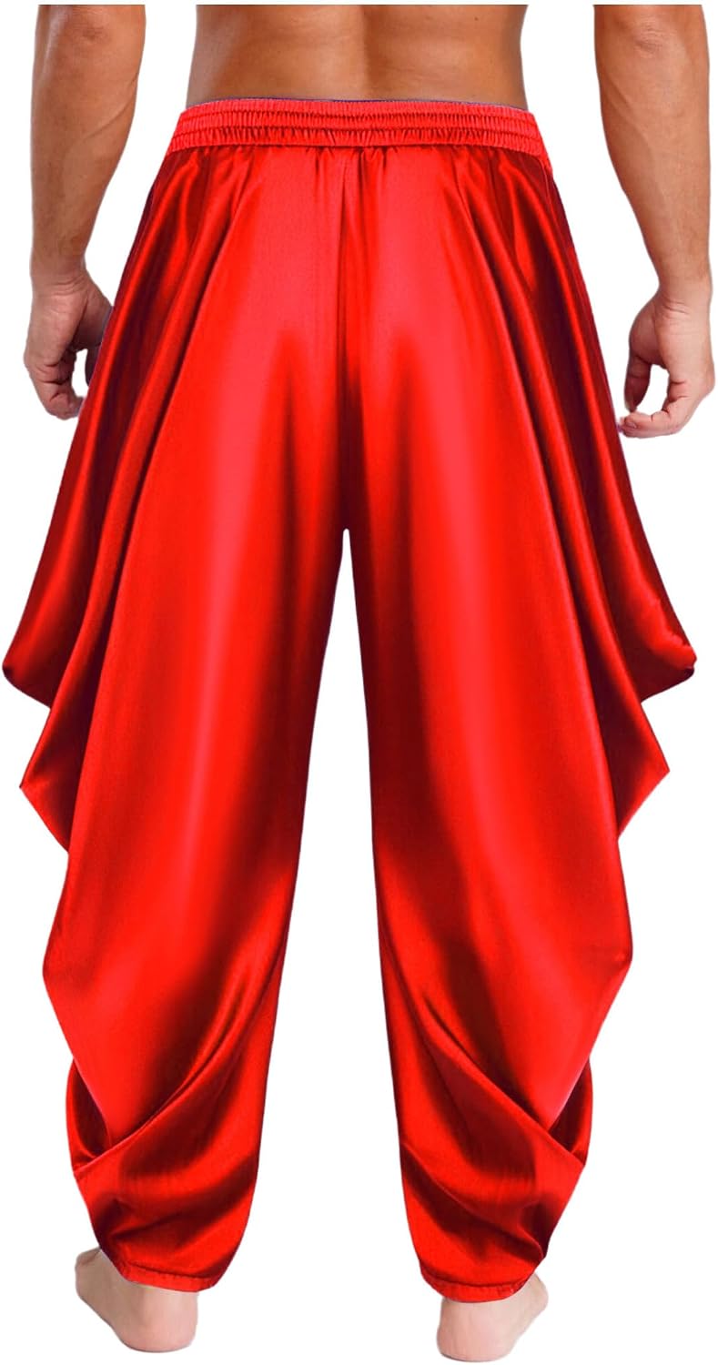 TiaoBug Men's Glossy Satin Loose Fit Arab Prince Pants Cosplay Harem Pants Trousers Halloween Costume