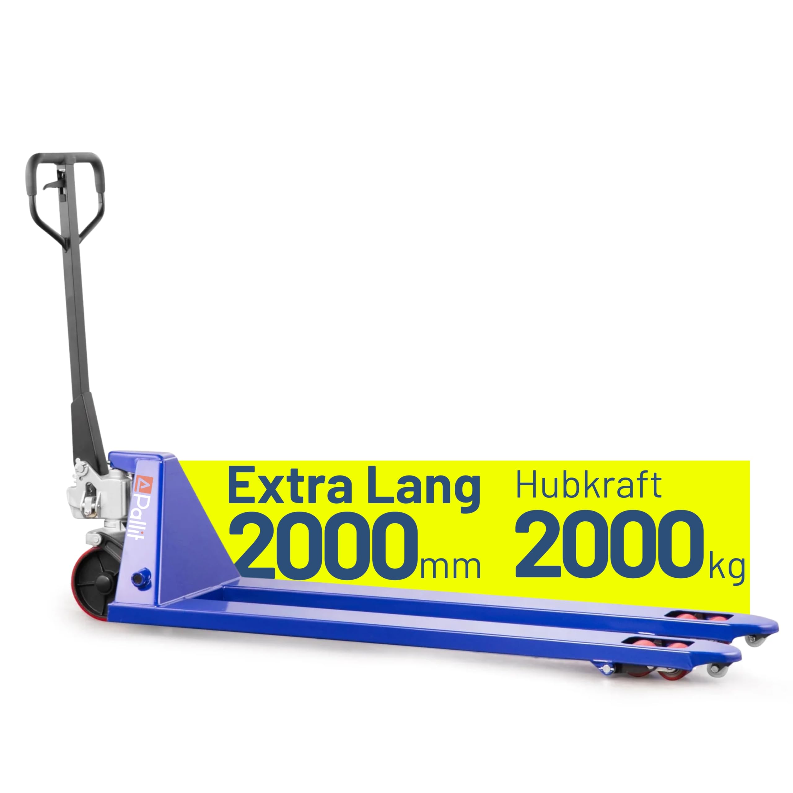 Pallit Hubwagen lang 2000 kg Tragkraft 2000 mm Gabellänge PU Rollen Long-L Gabelhubwagen Handhubwagen Langer Palettenwagen aus Stahl