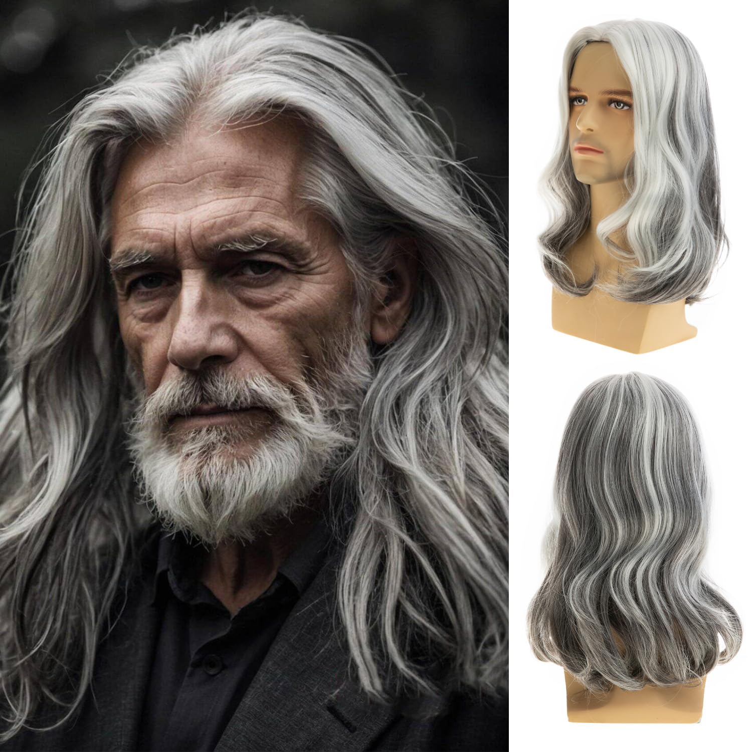 Photo 1 of Sallcks Mens Long Wig Grey White Long Straight Wig for Men Middle Part Synthetic Heat Resistant Hair Wigs for Daily Party Costume Halloween (Grey White)