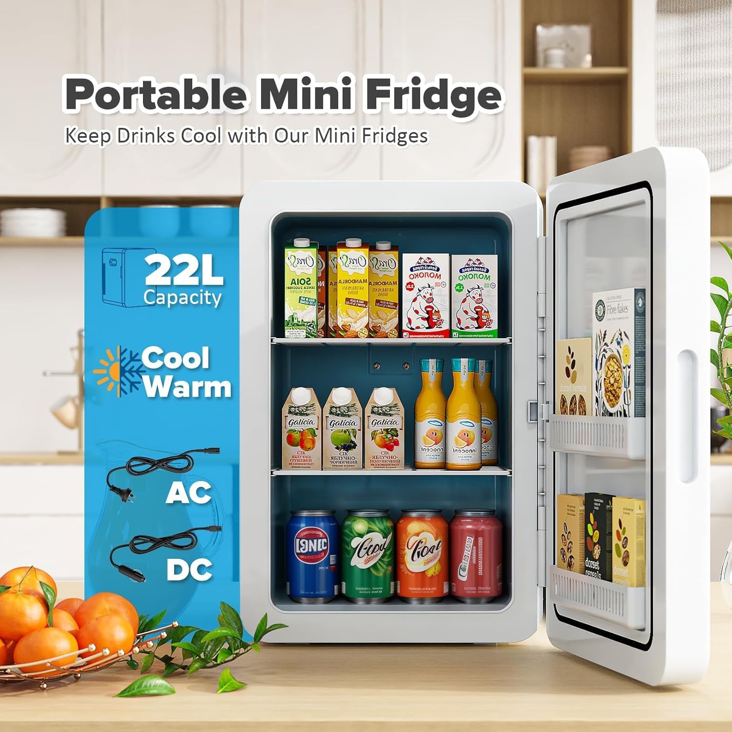 22L Mini Fridge for Bedrooms, 30 Cans Portable Cooler & Warmer Small Fridge, AC/DC Powered, Adjustable Shelves, Home Office, Car, Dorm, Travel, Cosmetics, Skincare, Drinks (White) — view 3