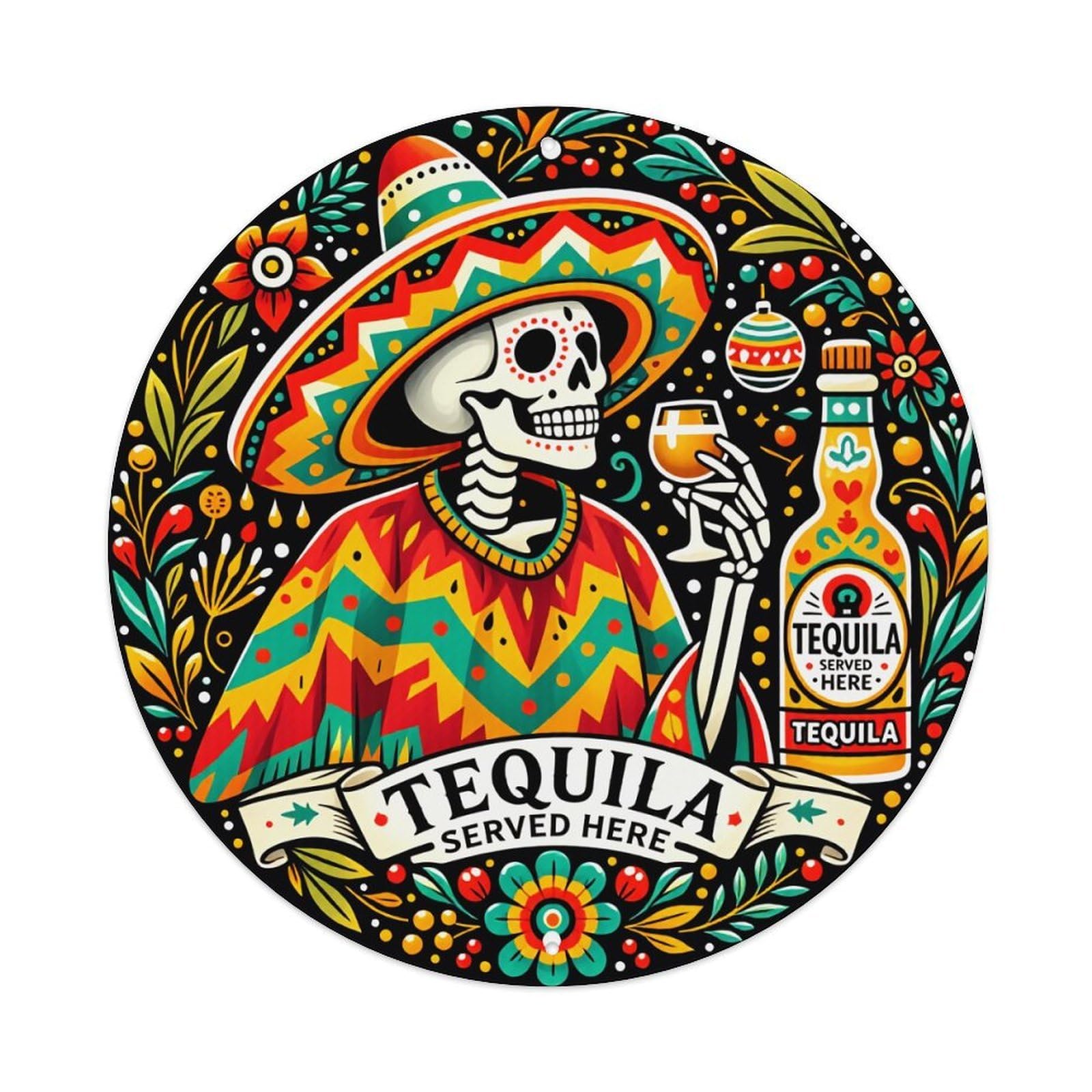 Colorful Mexican Skeleton Tequila Art Round Tin Sign Vintage Style Metal Sign Home Bar Garden Wall Plaque Decor Metal Poster 8x8 Inch