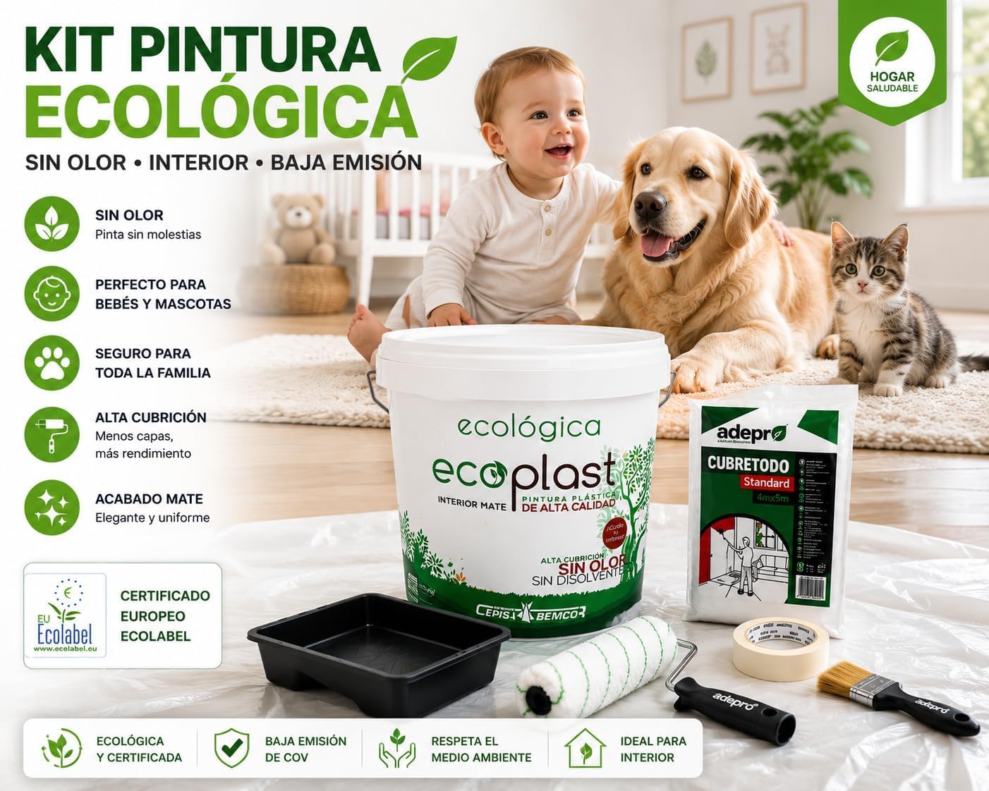 CEPLAST Kit Pintura Ecológica Interior 4L – Certificado Ecolabel, Sin Olor y Baja Emisión, Incluye Rodillo, Cubeta y Accesorios – Pintura Blanca Mate para Hogar Saludable
