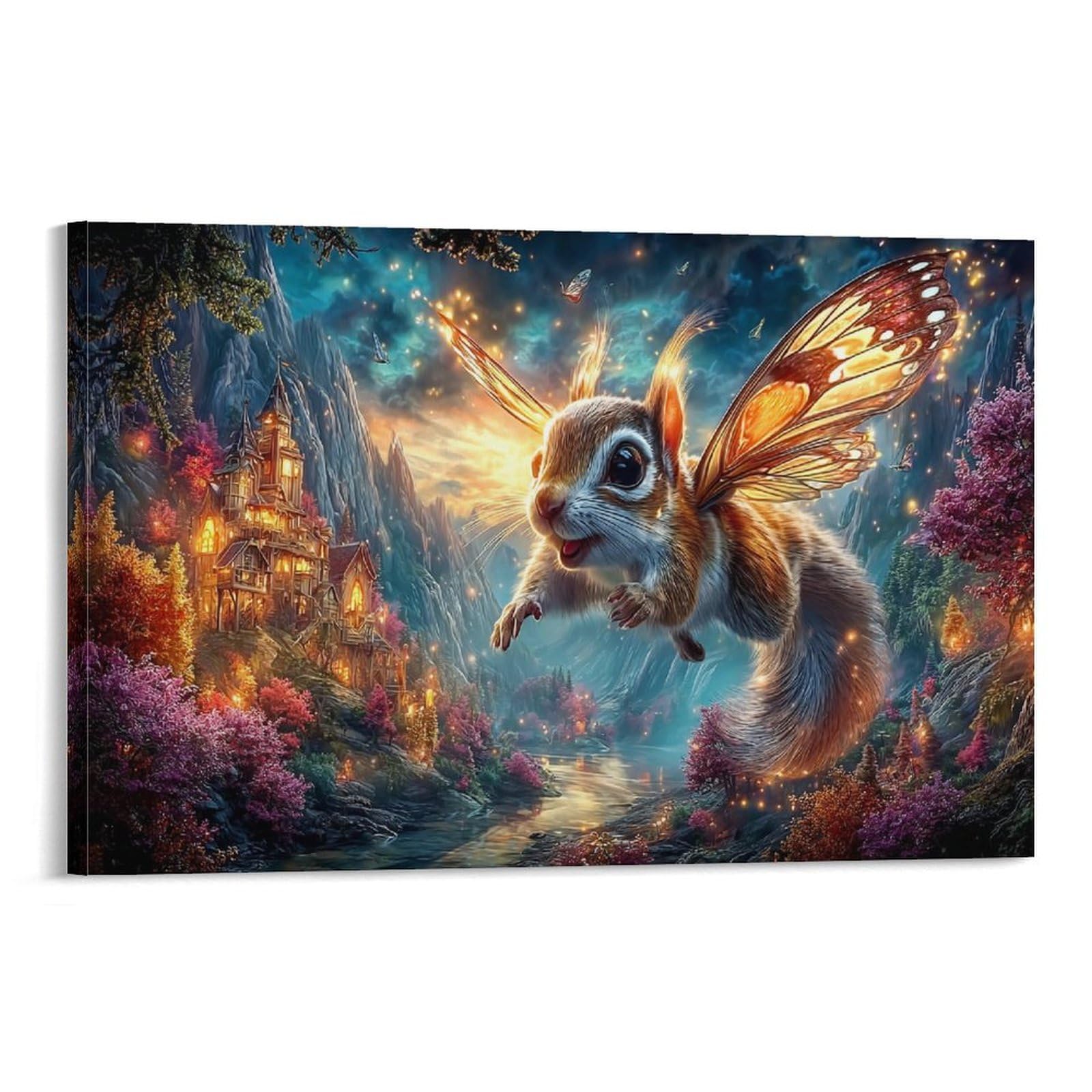 XPASHIQWC Butterfly‑Wing Squirrel Poster Artwork Sunset Valley Giclee Canvas Prints Modern Wall Art Picture Wall Hanging for Bathroom Wall Decor 24x36inch(60x90cm)