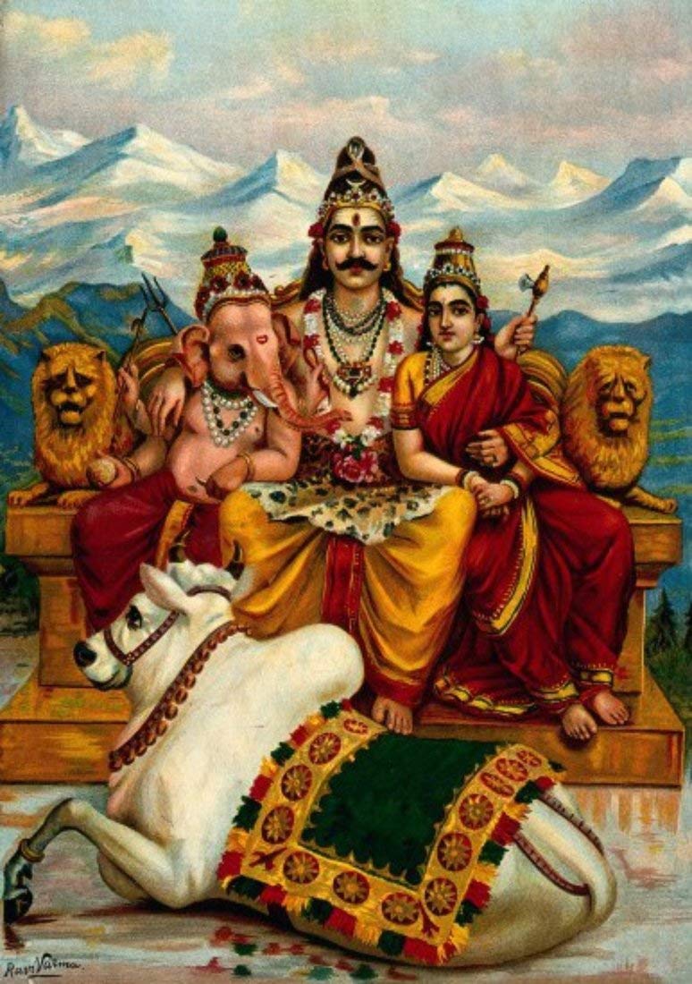 Tallenge - Shiva Parvati and Ganesha on Mount Kailas with Nandi - Raja Ravi Varma - Small Poster Paper (Paper, 17 x 12 inches, Multicolour)