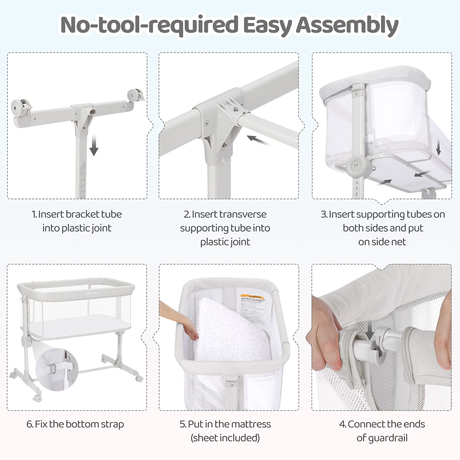 Ezebaby Lit Cododo, Berceau Bébé 2 en 1, dès la Naissance et jusqu'à 9kg, 7 Réglage de la Hauteur, avec Matelas Roues Fenêtres Latérales en Maille (Gris Clair)