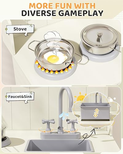 Miniatura 3 de MAMIZO Juego de cocina para niños con amplio almacenamiento, cocina interactiva con cocina de gas simulada, perillas de clic, fregadero, grifo, 6
