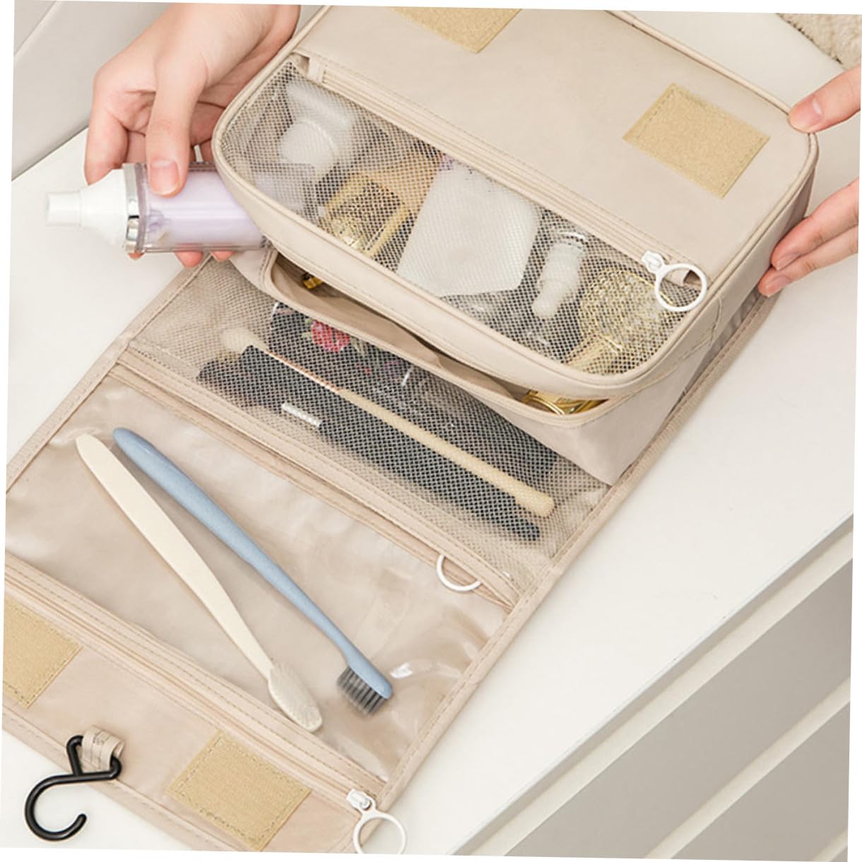 Mipcase 3pezzi Borsa Da Viaggio Multifunzionale Beige Pochette Cosmetica Appesa Per Make-up e Toiletries Design Con Rete Visibile Facile Da Trasportare e Riporre