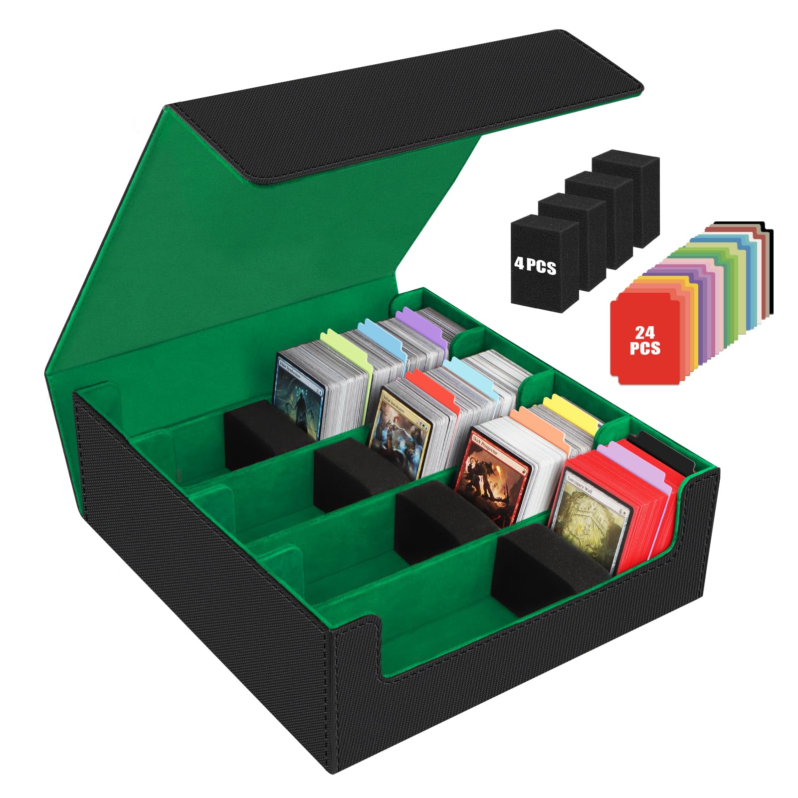 Caja de Tarjetas para Más de 3200 Tarjetas, Cajas de Almacenamiento de Tarjetas Coleccionables con 24 Divisores de Colores y 4 Espuma, Cajas de Cubierta Magnéticas Premium, para TCG Magic(Negro Verde)