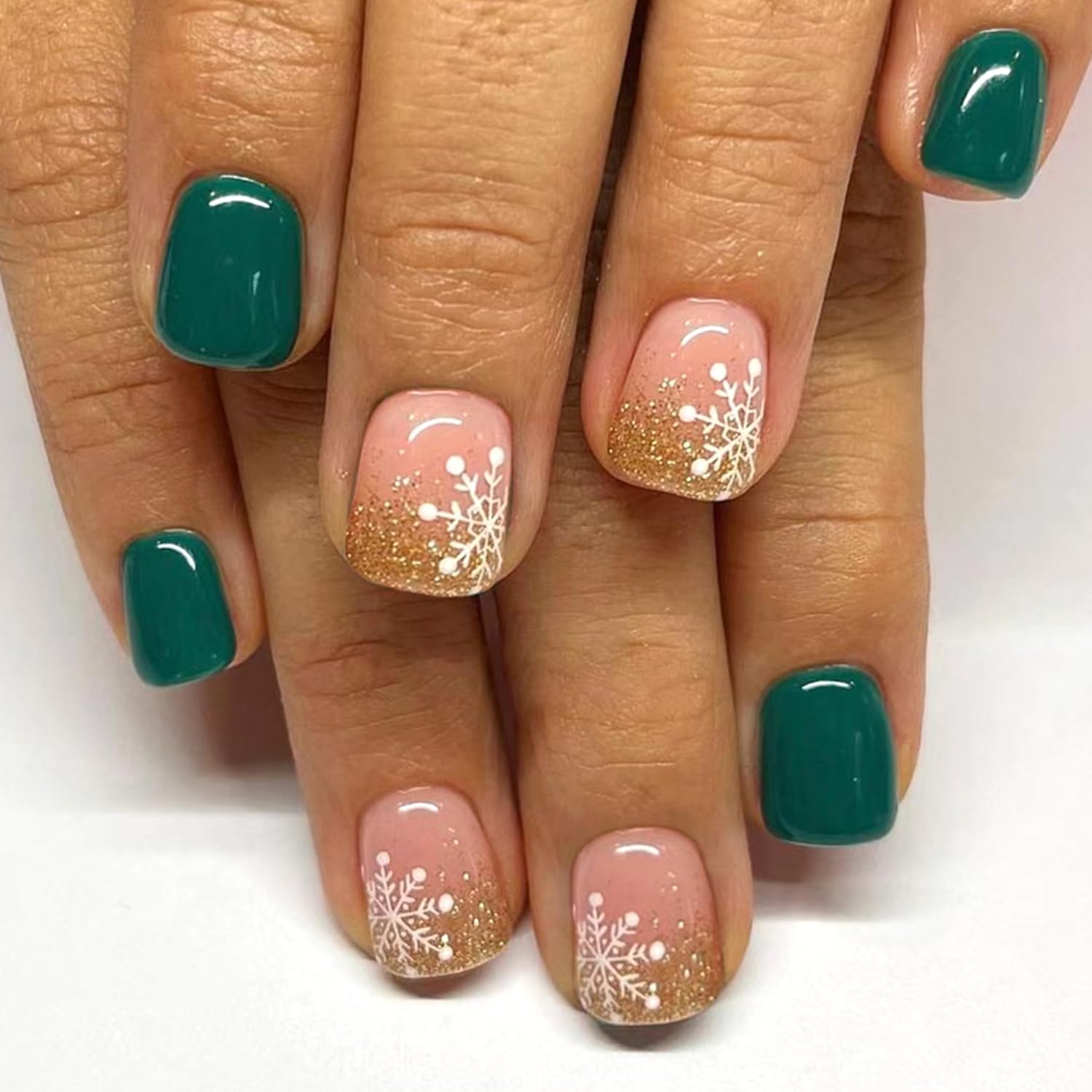 Vopintpy Short Square Christmas Press on Nails White Snowflake Fake Nails with Gold Glitter Glue on Nails Design Glossy Green Xmas Stick on Nails for