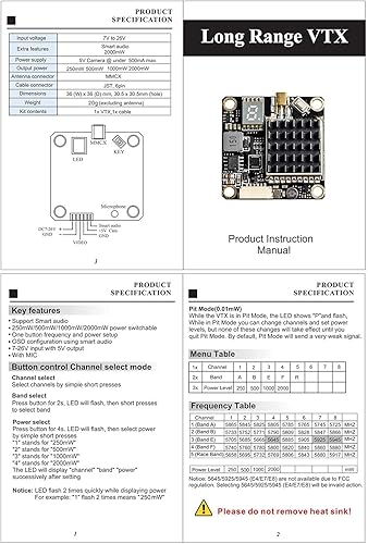 Miniatura 7 de Transmisor conmutable de largo alcance de 5.8 GHz FPV VTX PIT25050010002000 mW compatible con configuración OSD con audio inteligente y micrófono