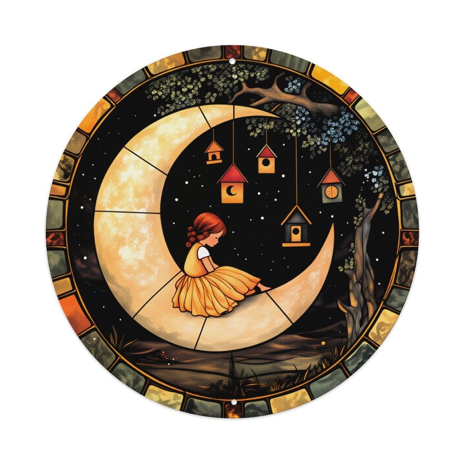 Wmlzdnwr Girls Vintage Moon Birdhouses Night Sky Tree Stars Round Tin Sign,Retro Wall Art,Metal Poster For Home, Bar, Garage, Cafe, Rustic Indoor & Outdoor Decor, 8X8 Inches