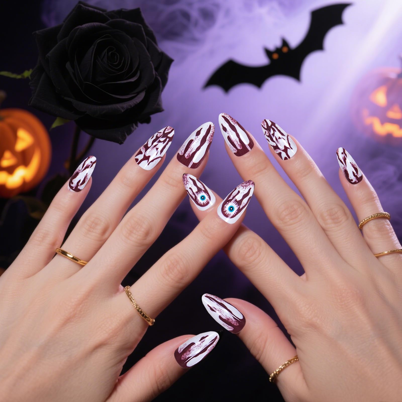 Muswarm Halloween Press on Nails, Medium Size Pointed Short Almond Fake Nailkit, 24pc 3D Skull and White Bone Nail, Halloween Decorations, with Tools: Halloween-02