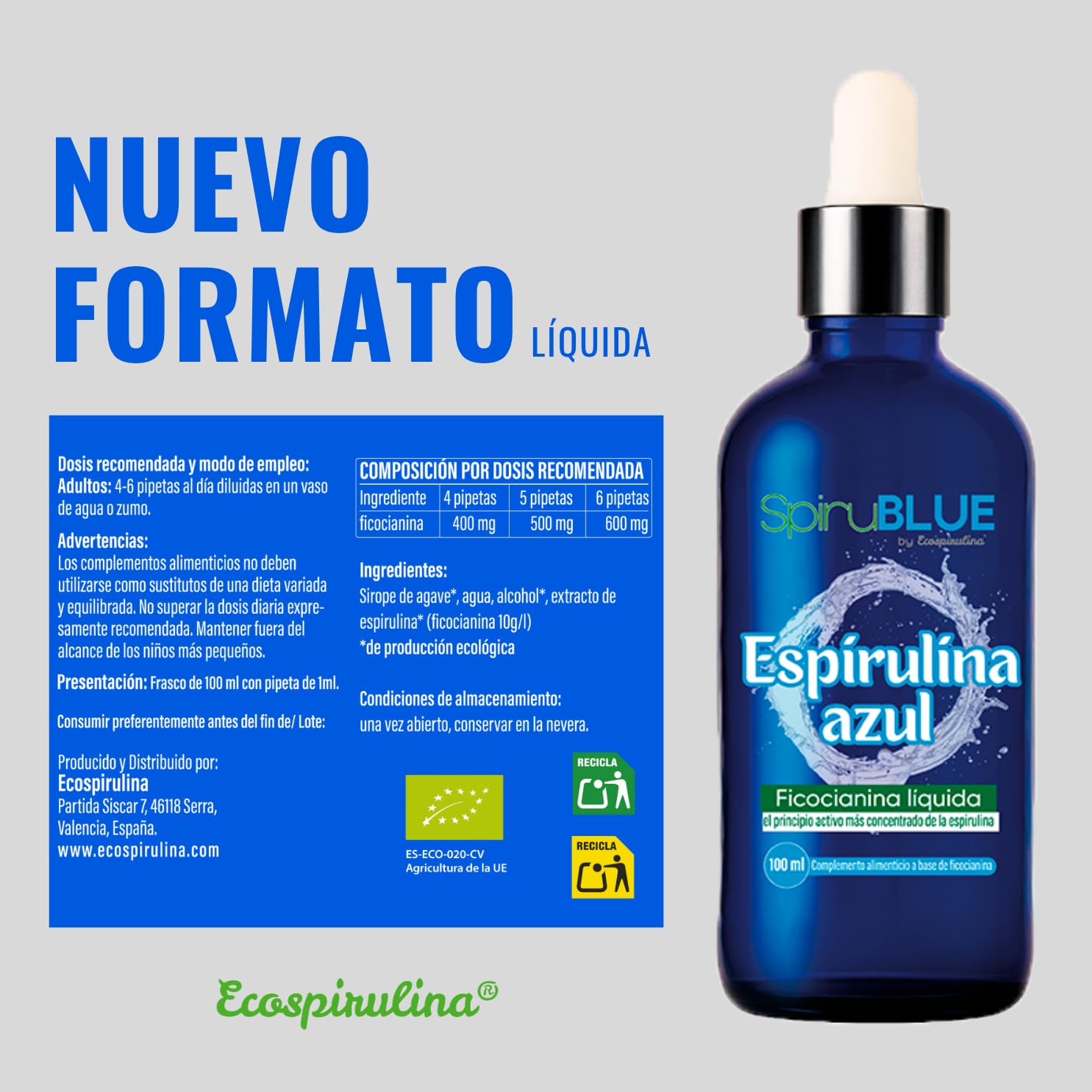 Ficocianina Líquida Ecológica 100 ml | Espirulina azul líquida | Concentrado Natural de Espirulina Azul | Cultivada en España | Extracción en Frío | Fácil Dosificar con Pipeta