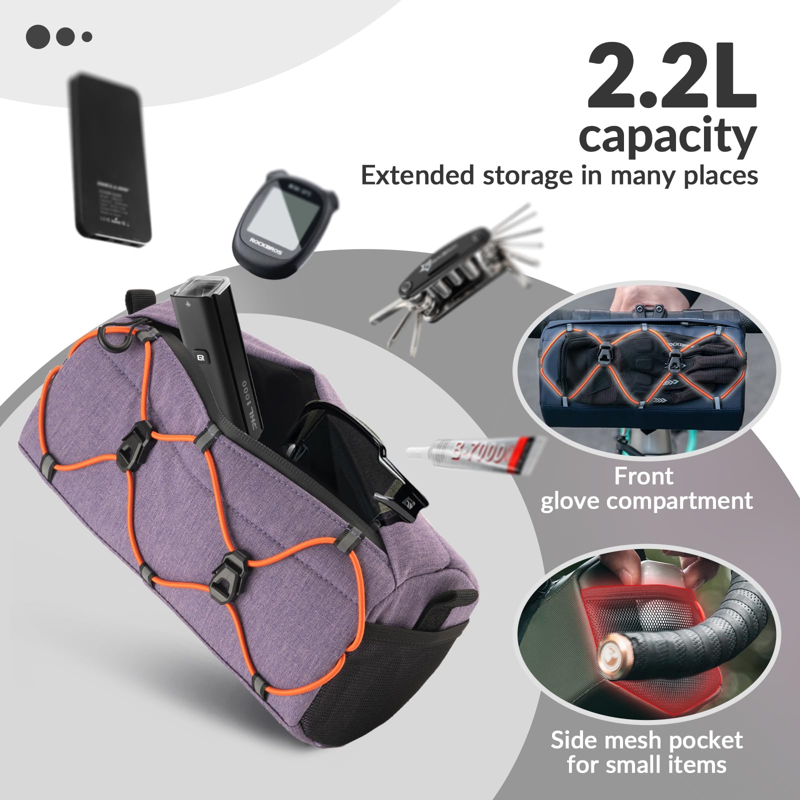 ROCKBROS Lenkertasche Fahrrad, Fahrradtasche Vorne am Lenker 2,2 L mit Schultergurt, Wasserabweisend & Reflektierend, Handlebar Bag für MTB, Rennrad, Gravel, E-Bike und Citybike, Lila