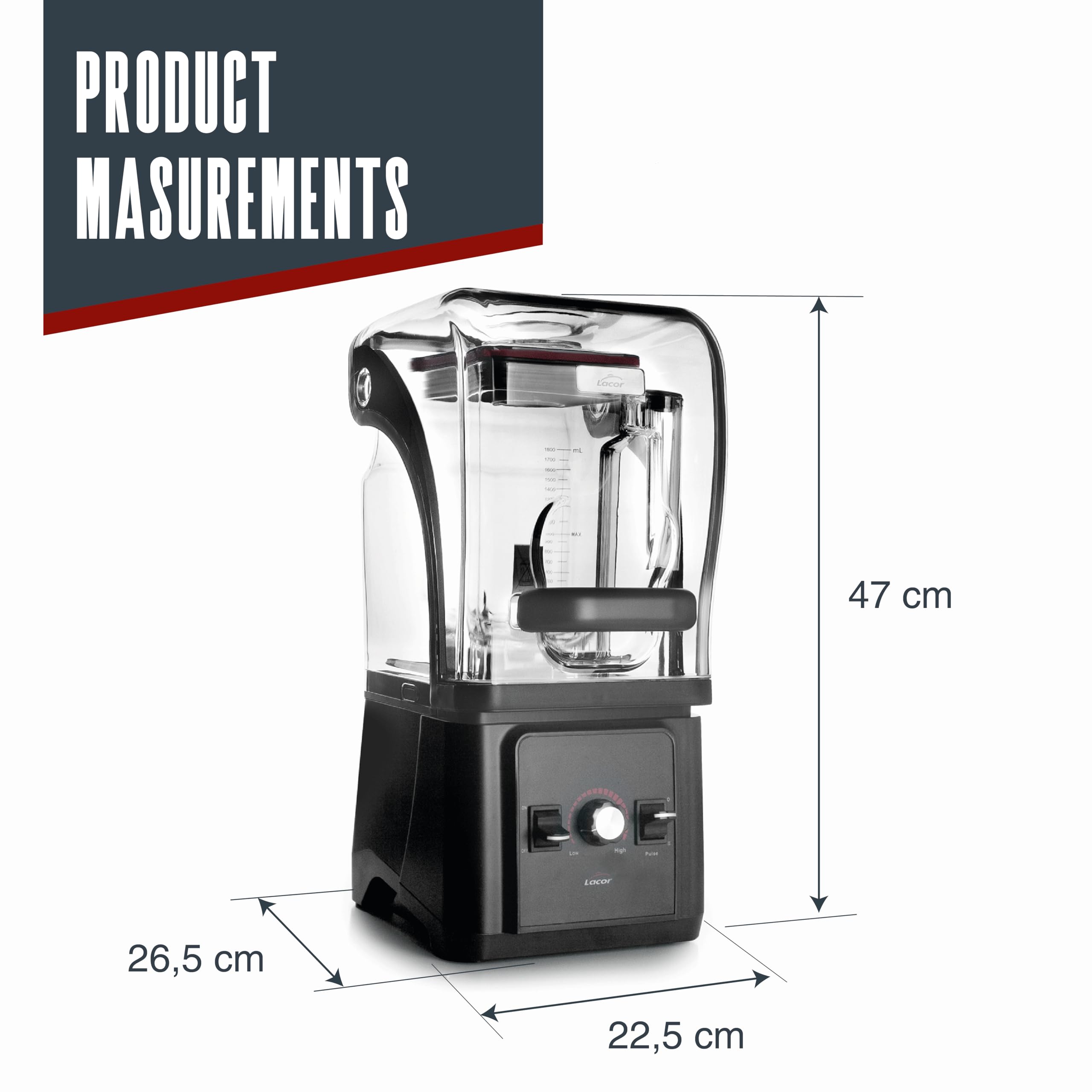 LACOR - 69495 - Blender Professionnel MuTech avec Caisson Anti-Bruit, 1500 W, 1,8 L, Tritan Sans BPA, 23.000 tr/min, Lames en Acier Inoxydable, Broyeur à Glace, Fruits Surgelés et Fruits Secs