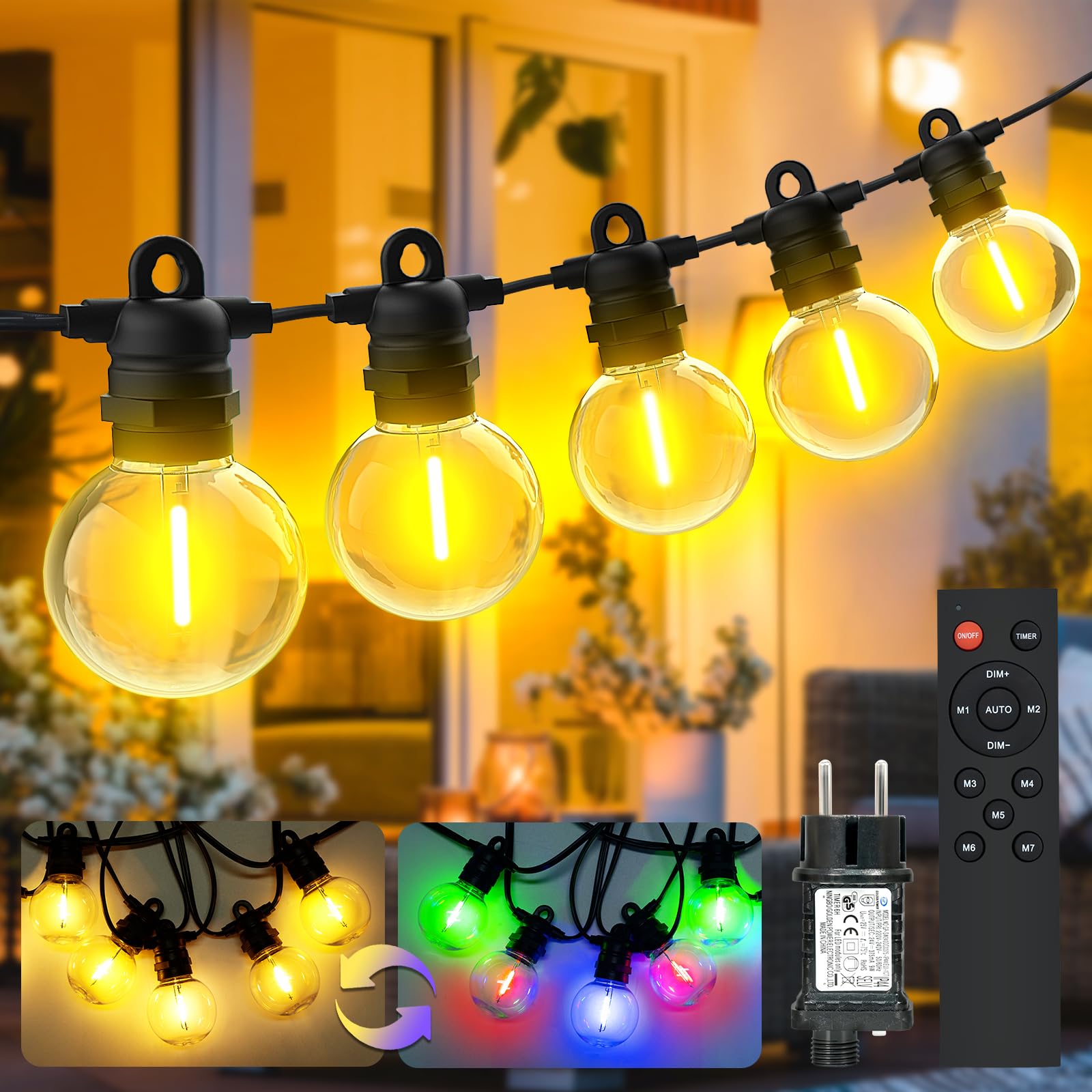 Cadena de luces LED para exteriores, luz blanca cálida y cambio de color, 15 m, 24 bombillas, 8 modos, cadena de luces para exteriores con mando a distancia, IP68 G40, cadena de luces para