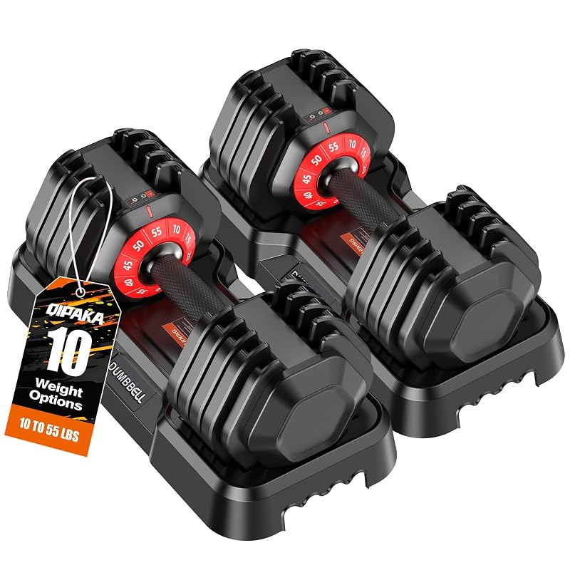Adjustable Dumbbells Set for Home Gym | 25/26.5/52.5/55/85lbs All in One Weights Dumbbells Set, 1 Sec Adjust Weights Set with Anti-Slip Handle for Home Fitness Black Red-55